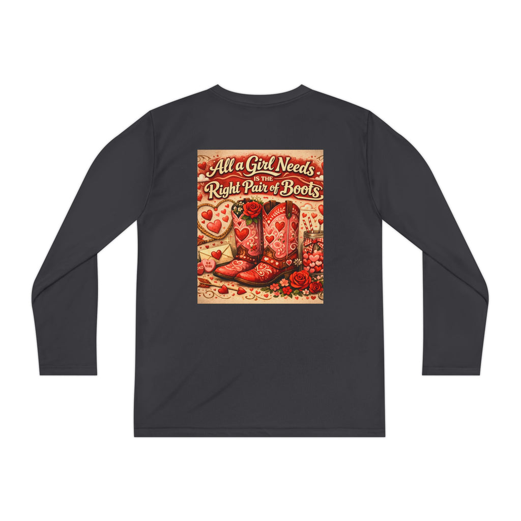 Youth Long Sleeve Tee — “All a Girl Needs is a Right Pair of Boots” Cowboy Boots Graphic