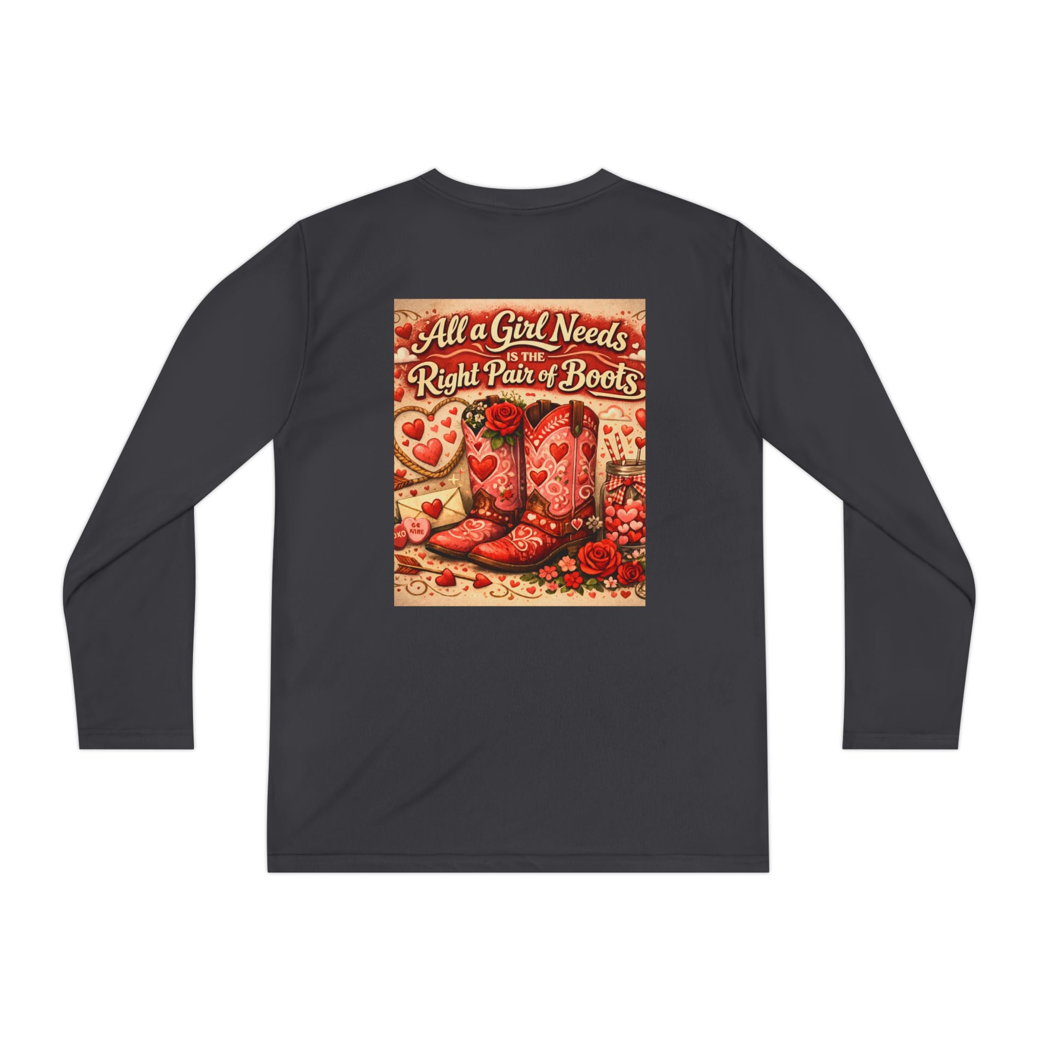 Youth Long Sleeve Tee — “All a Girl Needs is a Right Pair of Boots” Cowboy Boots Graphic