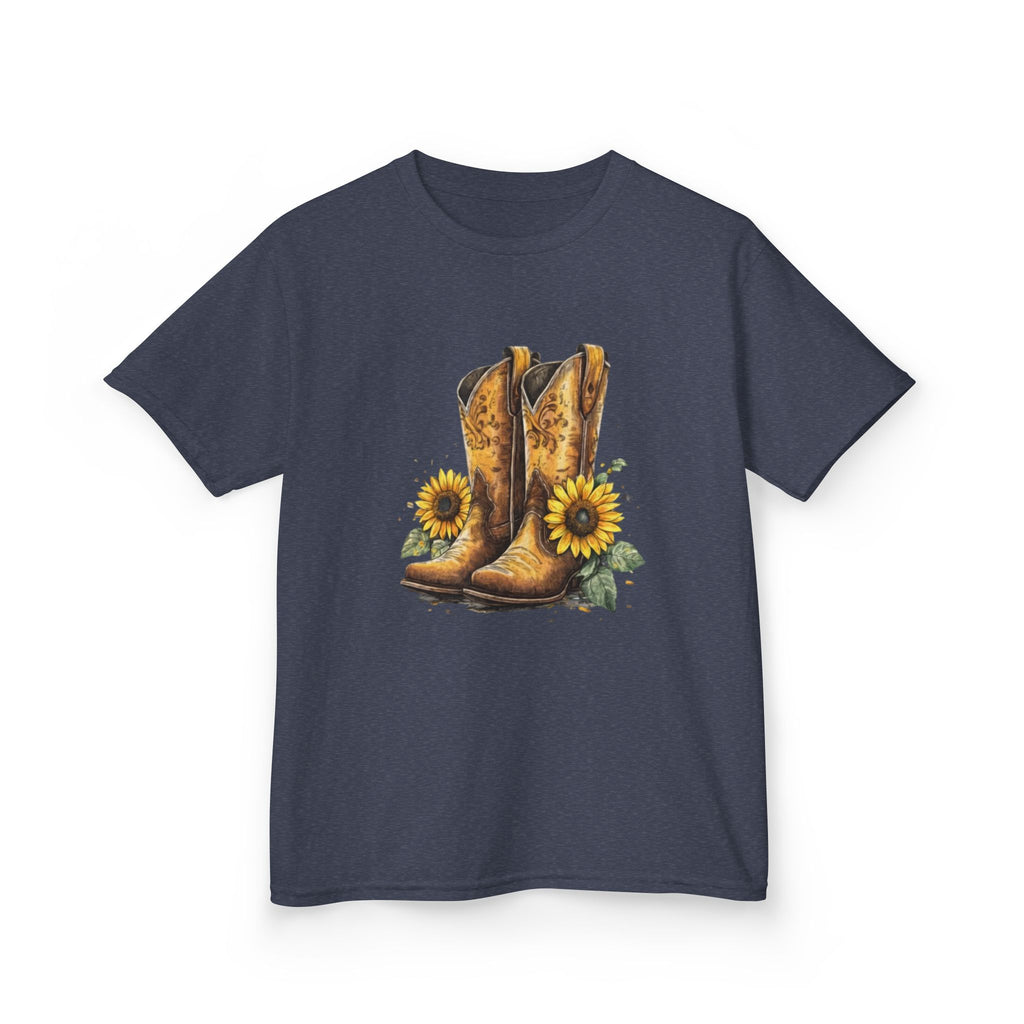 Kids Cowboy Boots & Sunflowers T-Shirt — Western Farmyard Tee for Children