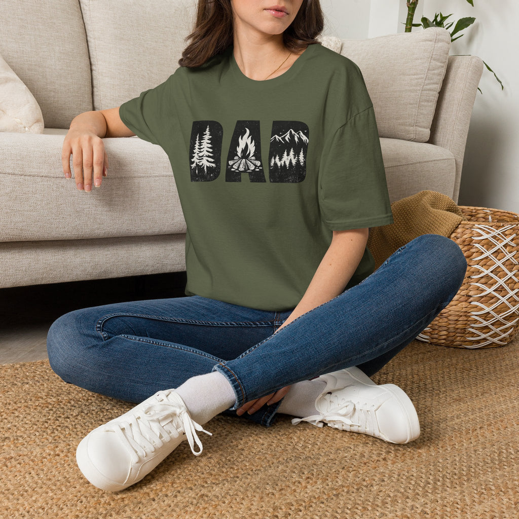 Dad Camping T-Shirt — Rustic Outdoors Father’s Day Shirt (DAD with Trees, Campfire & Mountains)