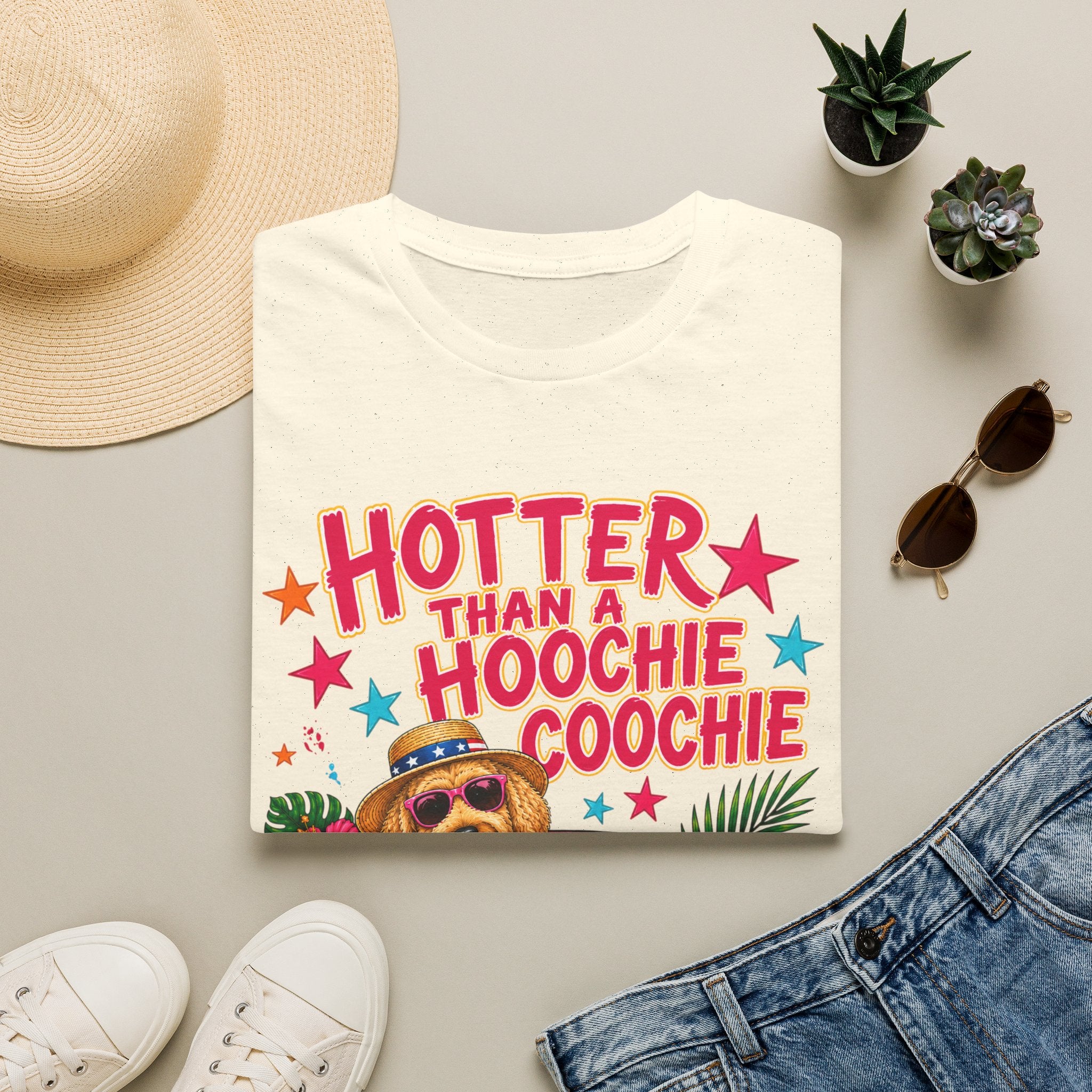 T-Shirt — "Hotter Than a Hoochie Coochie" Summer Graphic Tee (Beachy Dog Design)