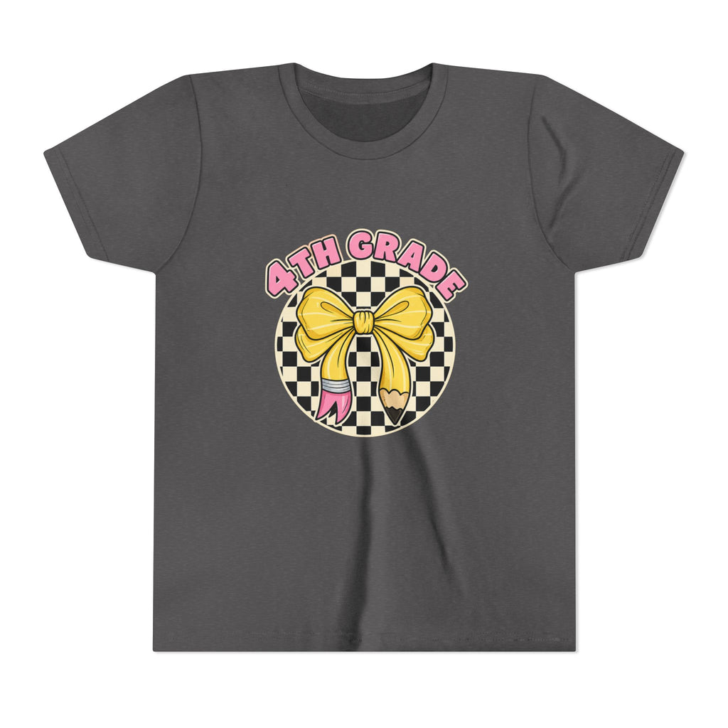 4th Grade Youth Tee — Cute Checkerboard Bow Back-to-School Shirt