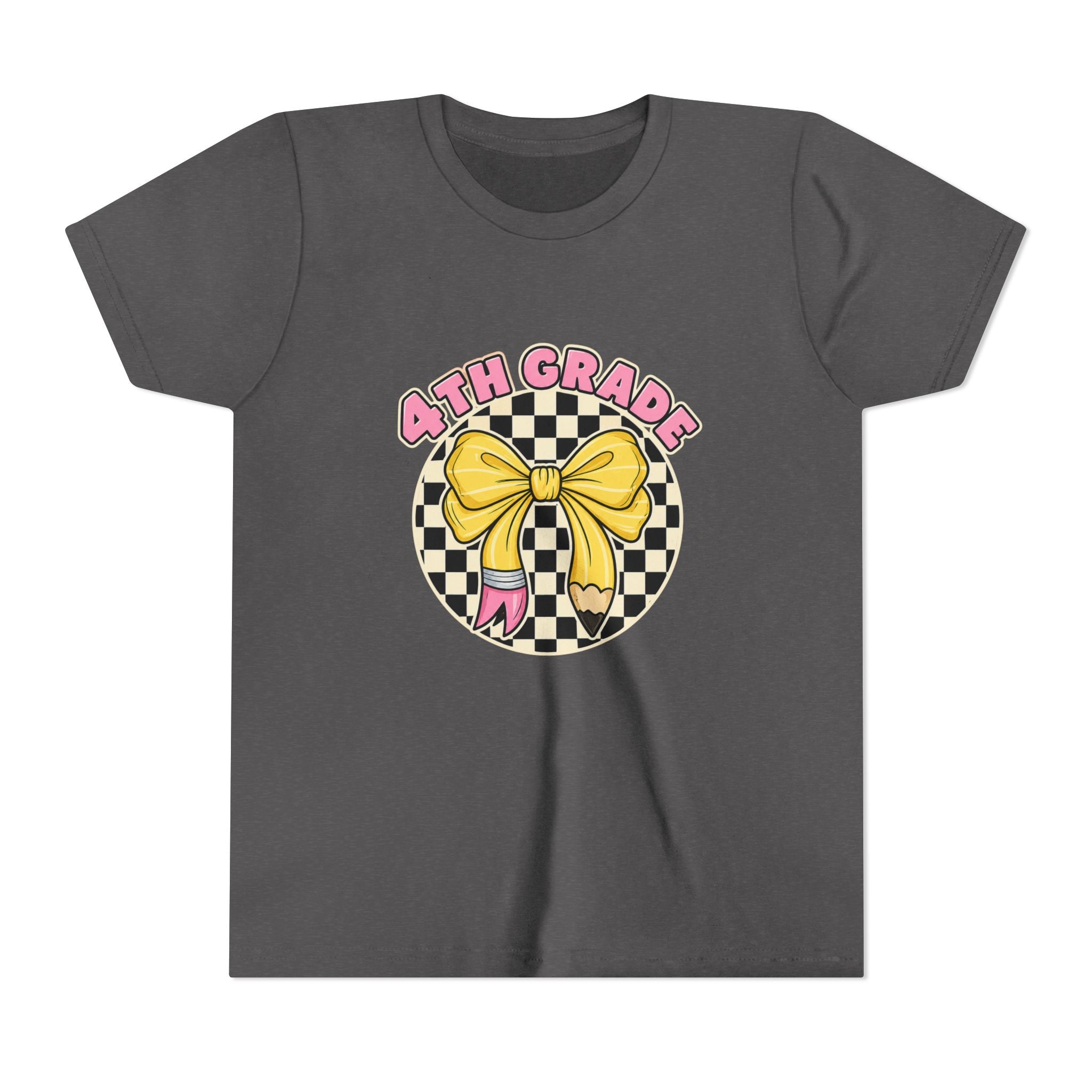 4th Grade Youth Tee — Cute Checkerboard Bow Back-to-School Shirt