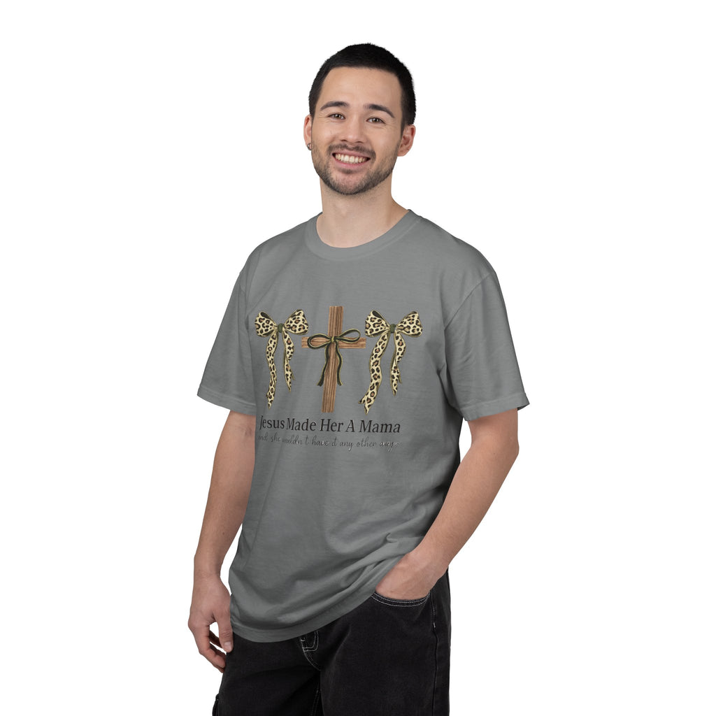 Jesus Made Her a Mama Cross T‑Shirt — Leopard Bow Christian Mother's Day Tee