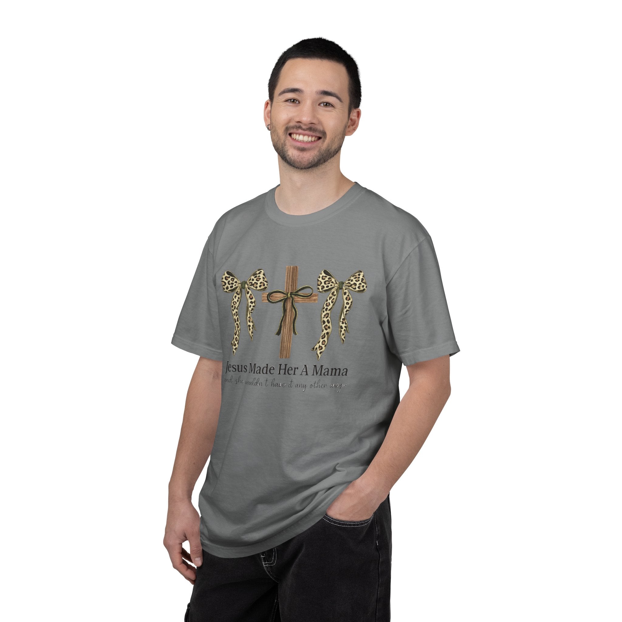Jesus Made Her a Mama Cross T‑Shirt — Leopard Bow Christian Mother's Day Tee