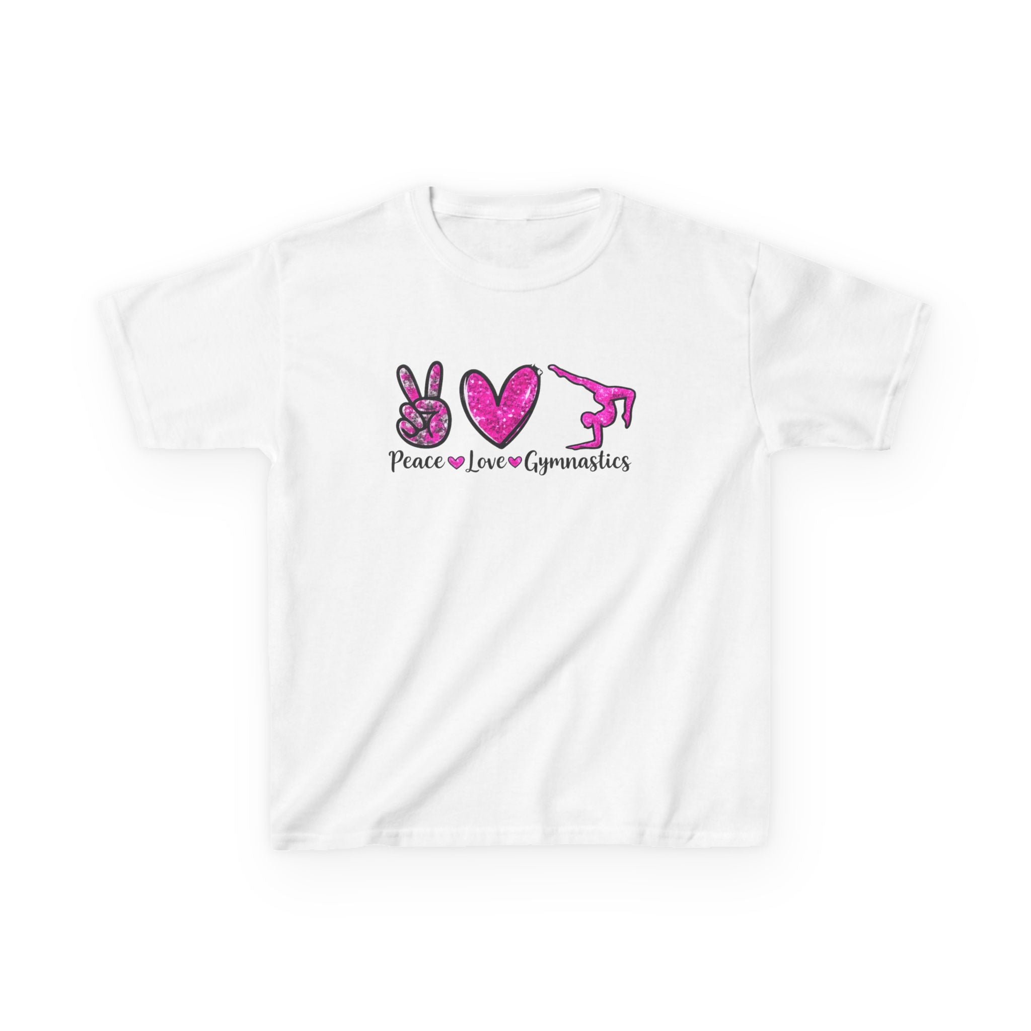 Kids Tee — "Peace Love Gymnastics" Pink Glitter Graphic
