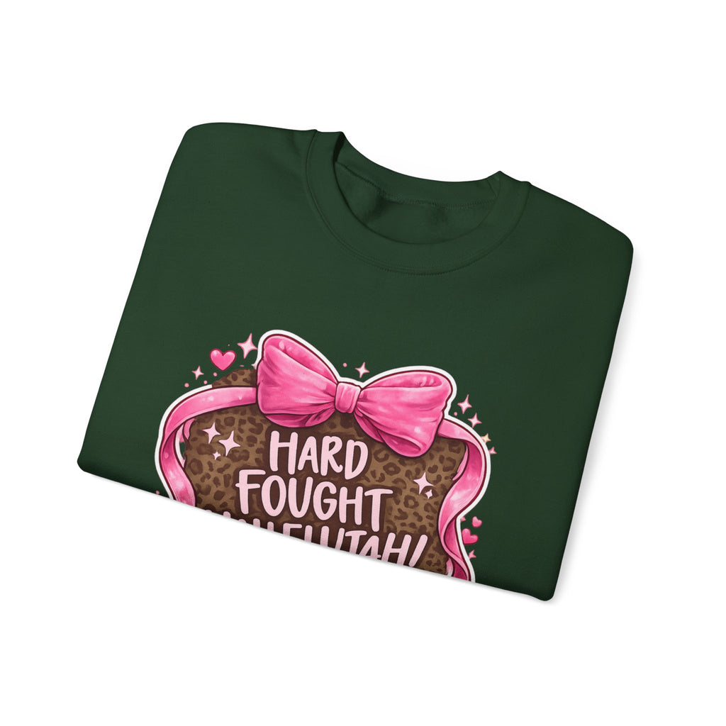 Crewneck Sweatshirt — "Hard Fought Hallelujah" Heart Graphic (Pink Bow, Leopard Print)