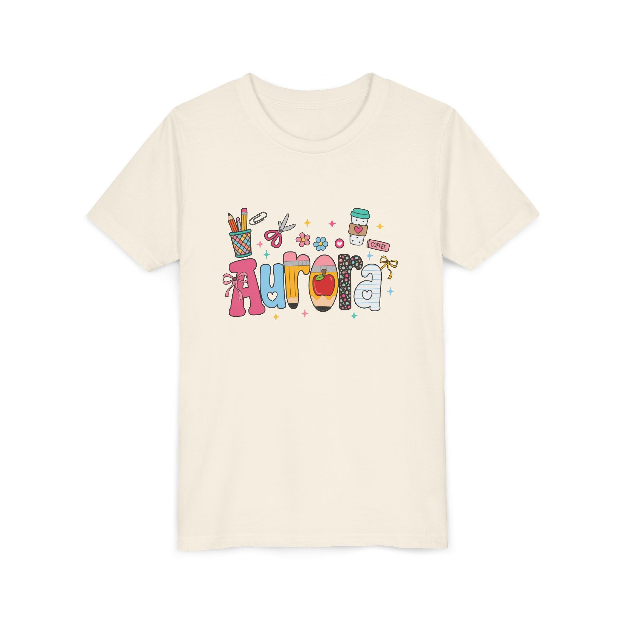 Aurora Kids' Name Tee — Colorful School Supplies Graphic Youth T-Shirt