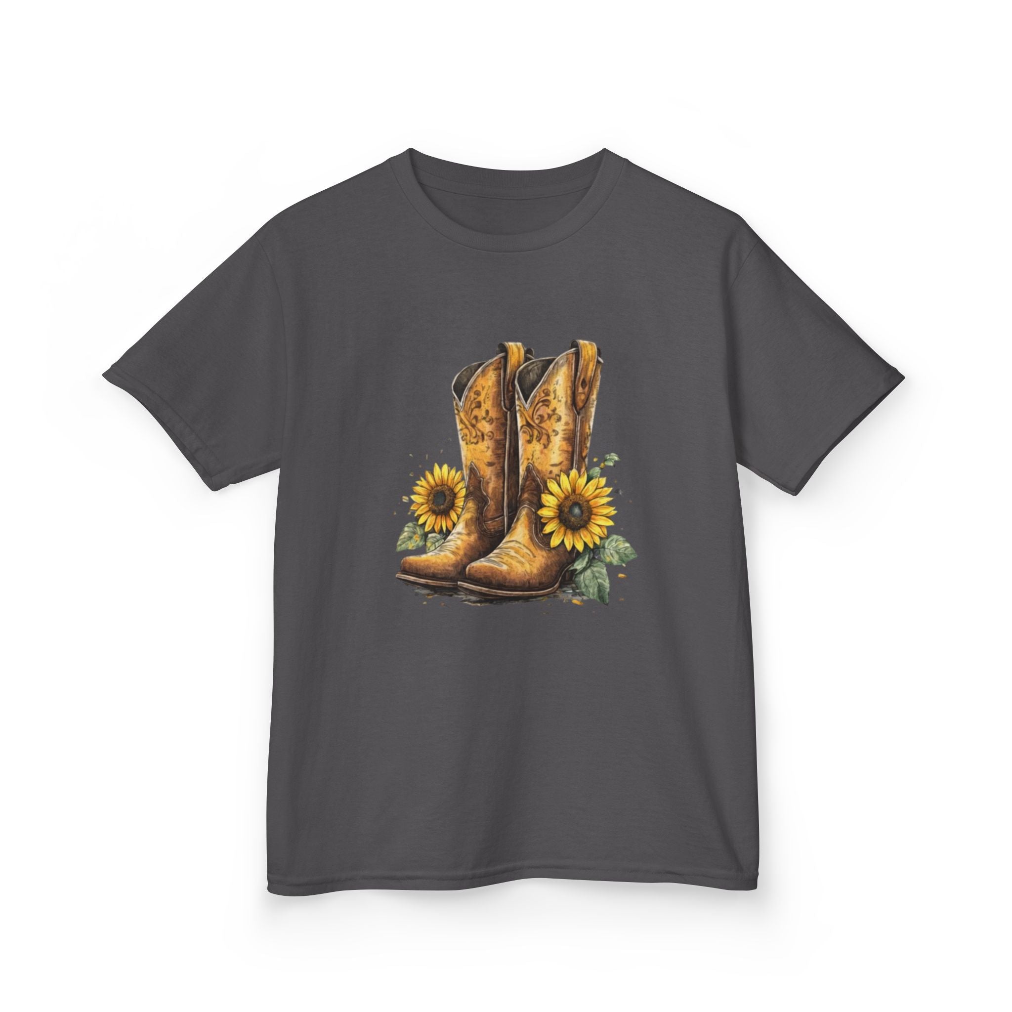 Kids Cowboy Boots & Sunflowers T-Shirt — Western Farmyard Tee for Children