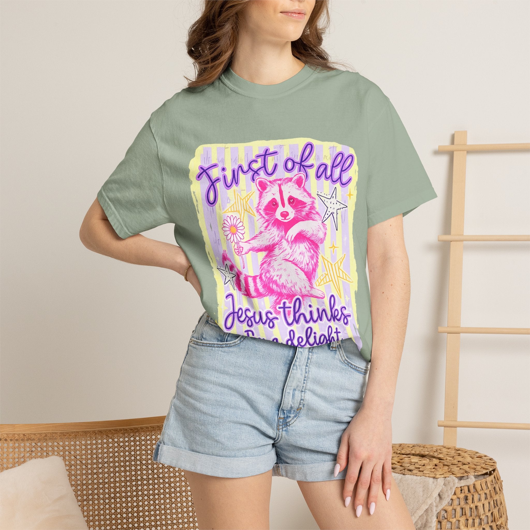 Raccoon Graphic T-Shirt — "First of All Jesus Thinks I’m a Delight" Christian Vintage Style Tee