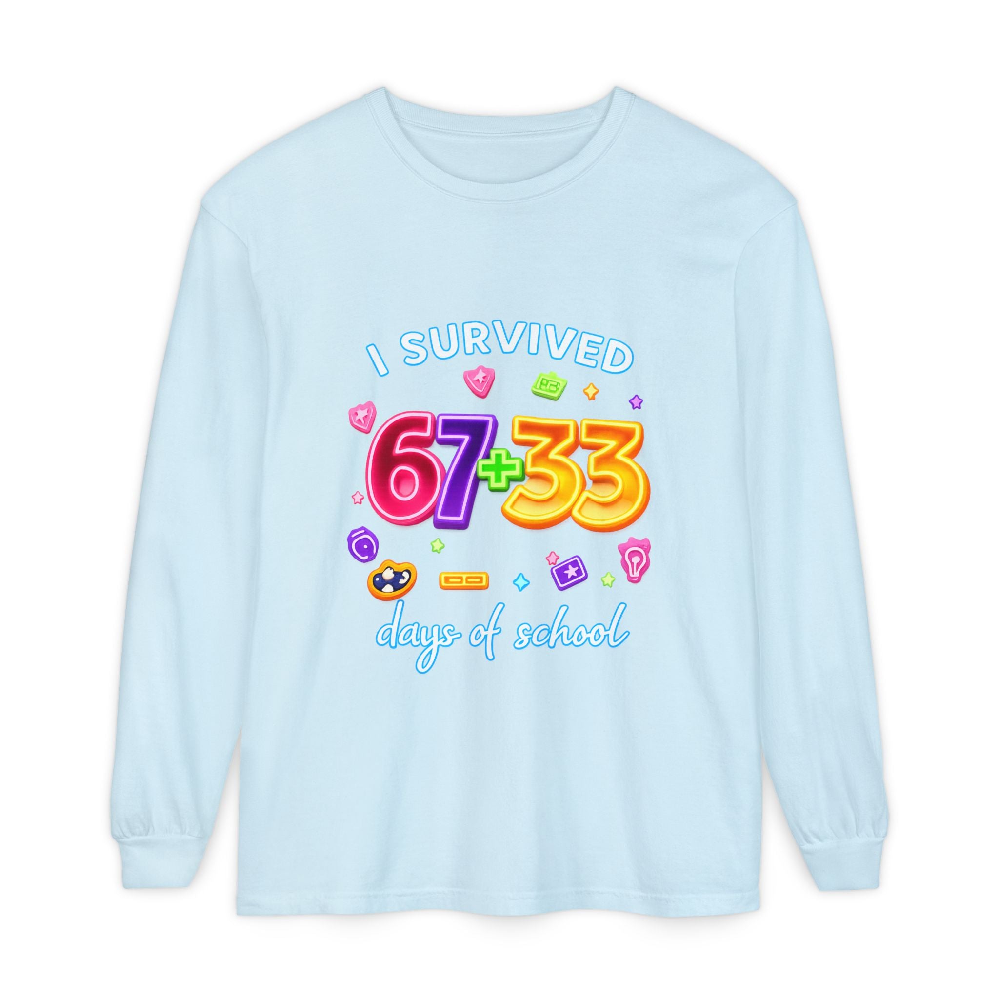 Long Sleeve T‑Shirt "I Survived 67+33 Days of School" — Cute Colorful End‑of‑School Celebration Tee