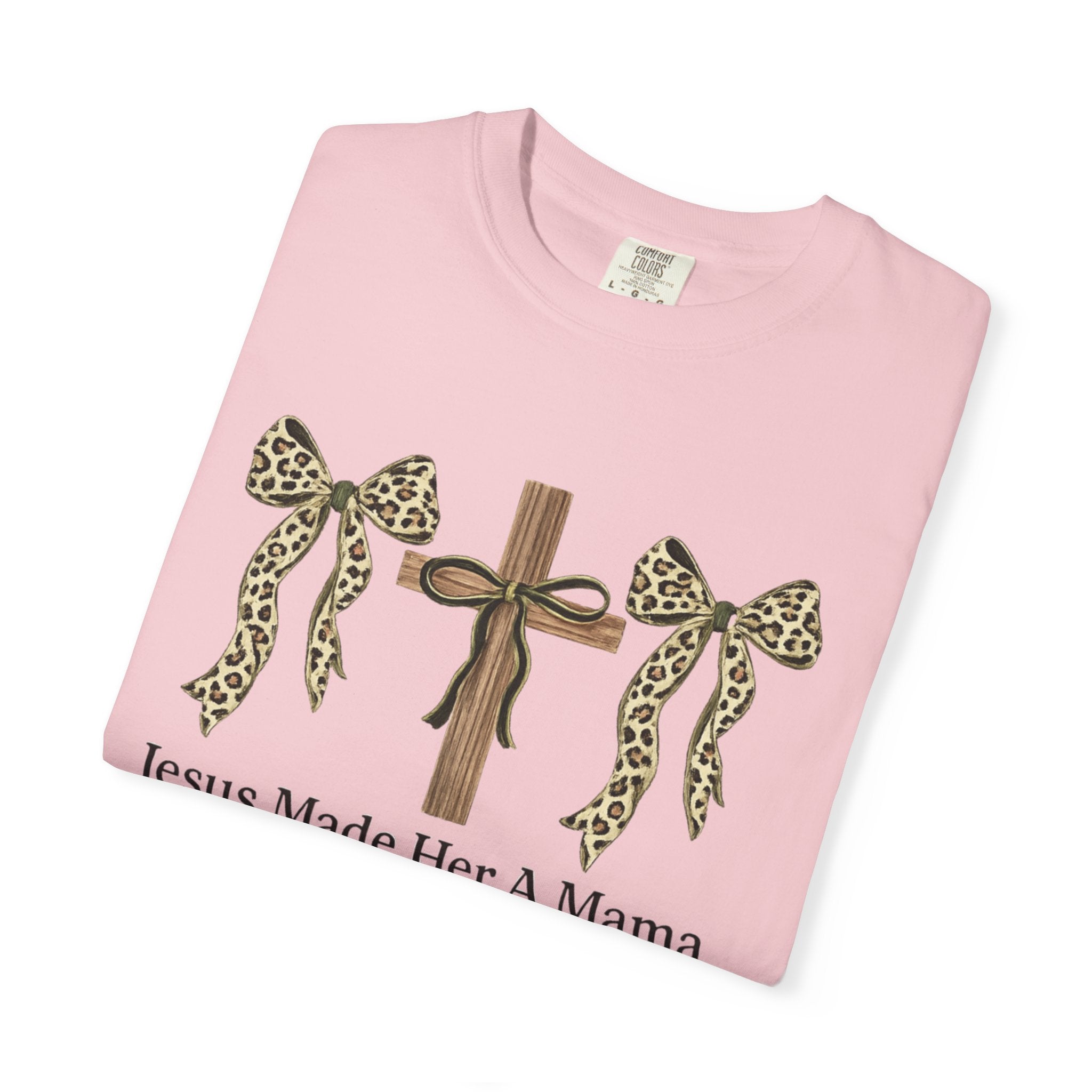Jesus Made Her a Mama Cross T‑Shirt — Leopard Bow Christian Mother's Day Tee