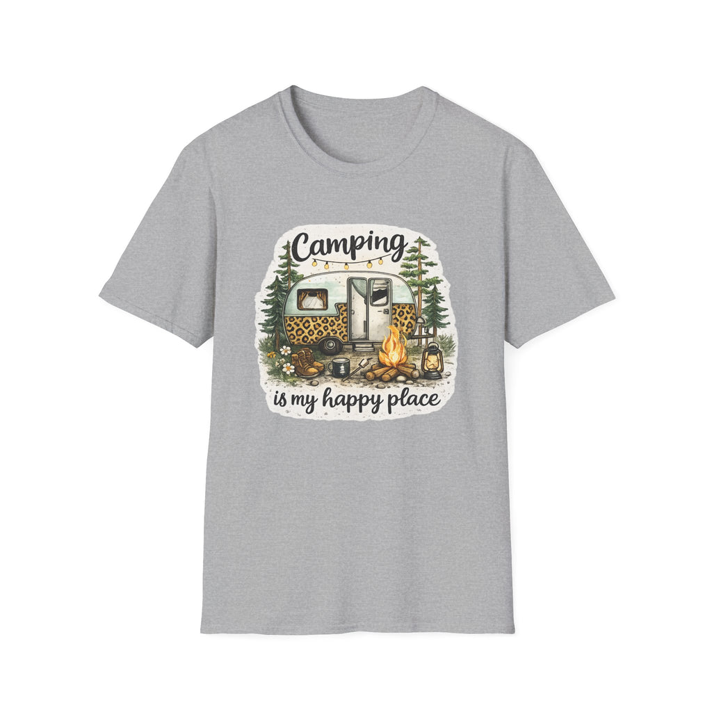Camping Is My Happy Place T‑Shirt — Leopard Camper Graphic Tee