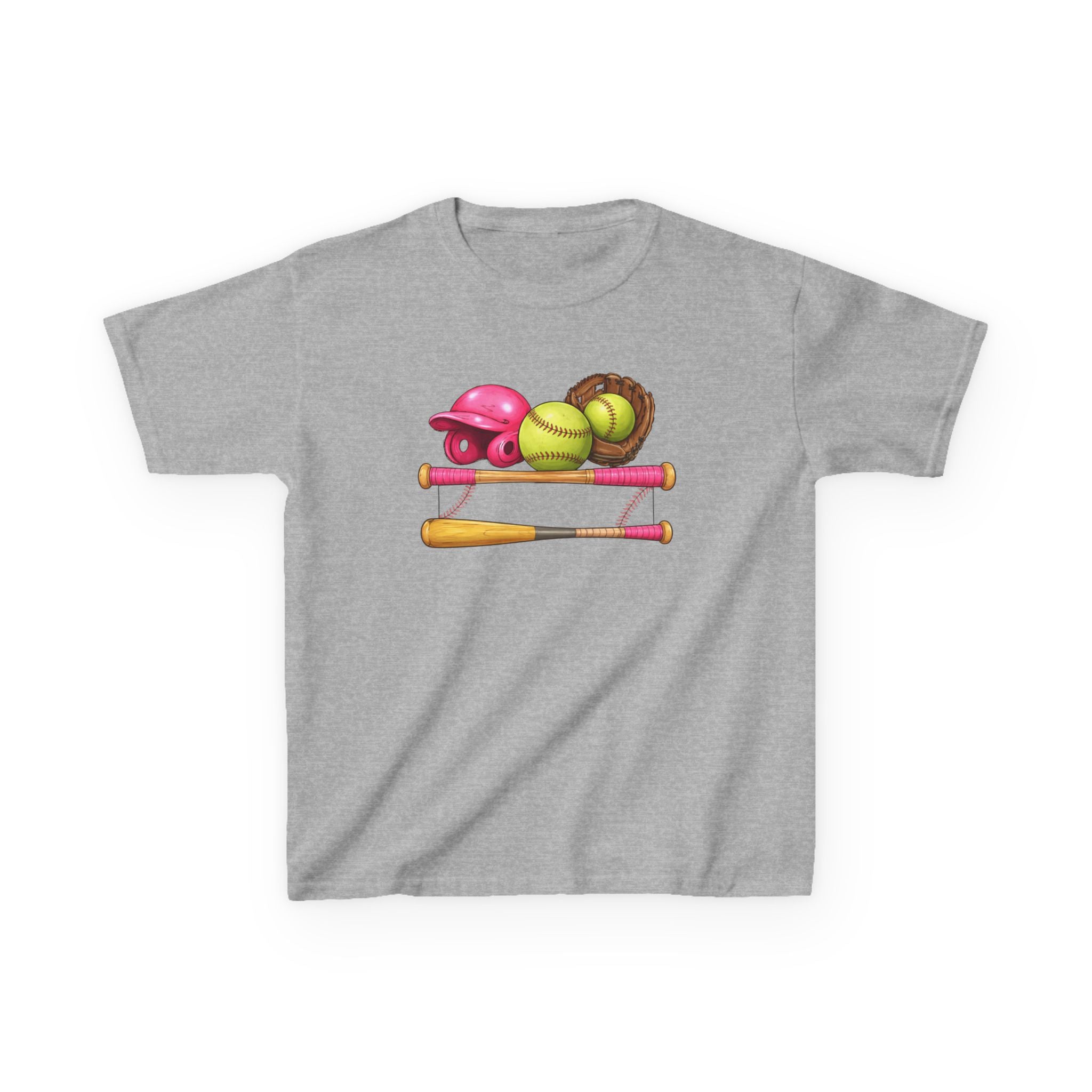 Kids Softball Gear T-Shirt — Pink Helmet, Bat & Glove Baseball Design