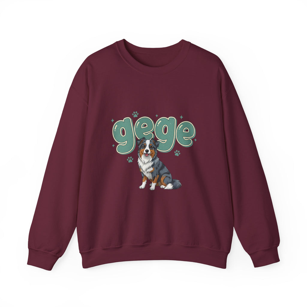 Crewneck Sweatshirt — Cute "gege" Design with Australian Shepherd Illustration