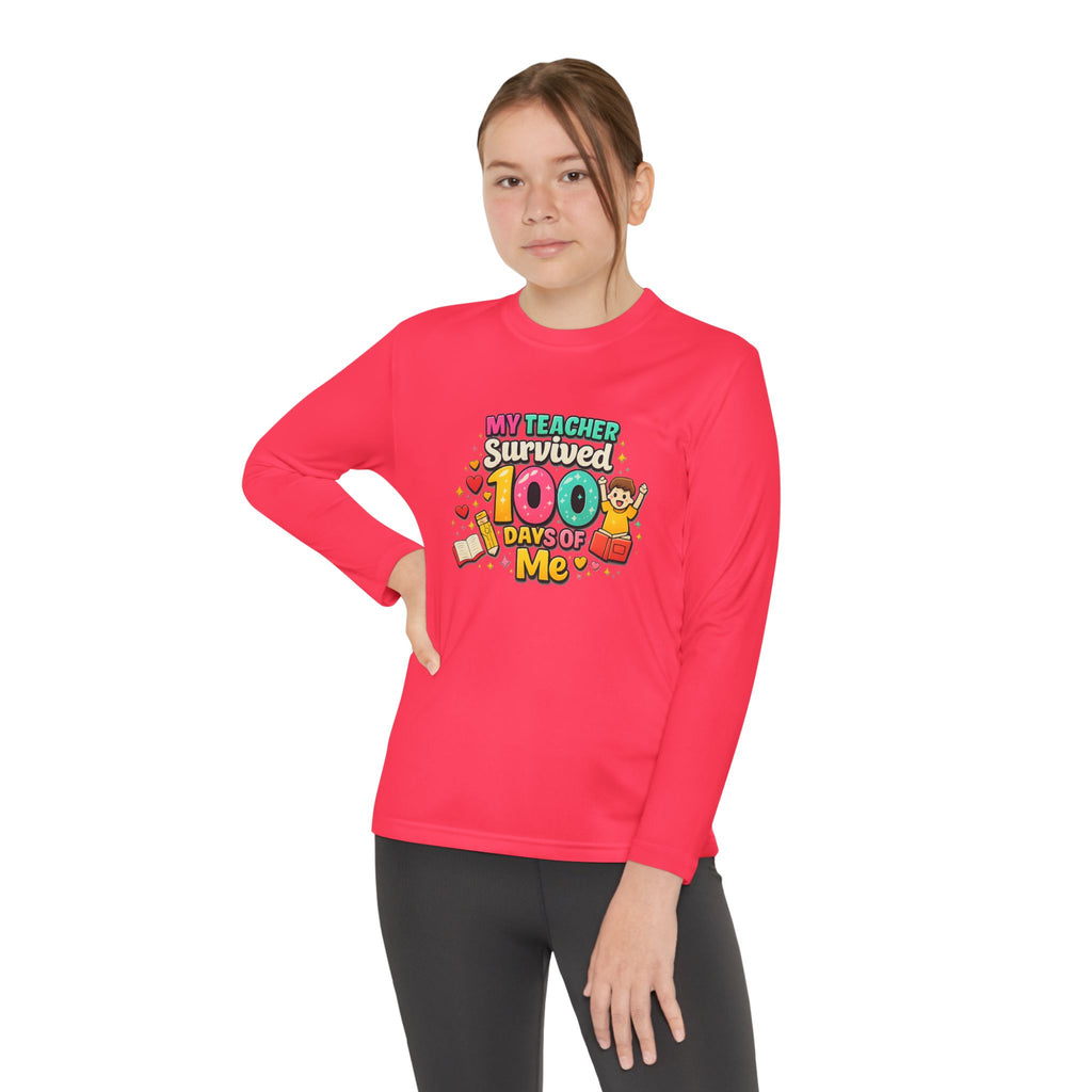Kids Long Sleeve Tee — “My Teacher Survived 100 Days of Me” Colorful Celebration Shirt
