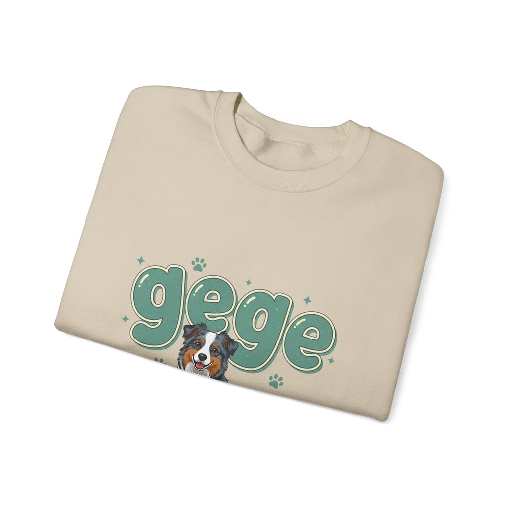 Crewneck Sweatshirt — Cute "gege" Design with Australian Shepherd Illustration