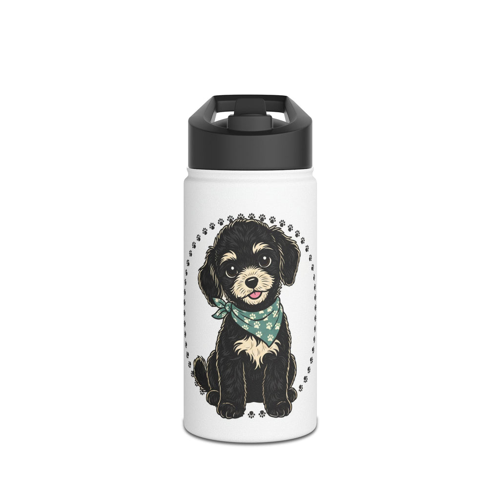 Cute Black Puppy Stainless Steel Water Bottle — Dog Paw Pattern, 'Best Friend' Gift