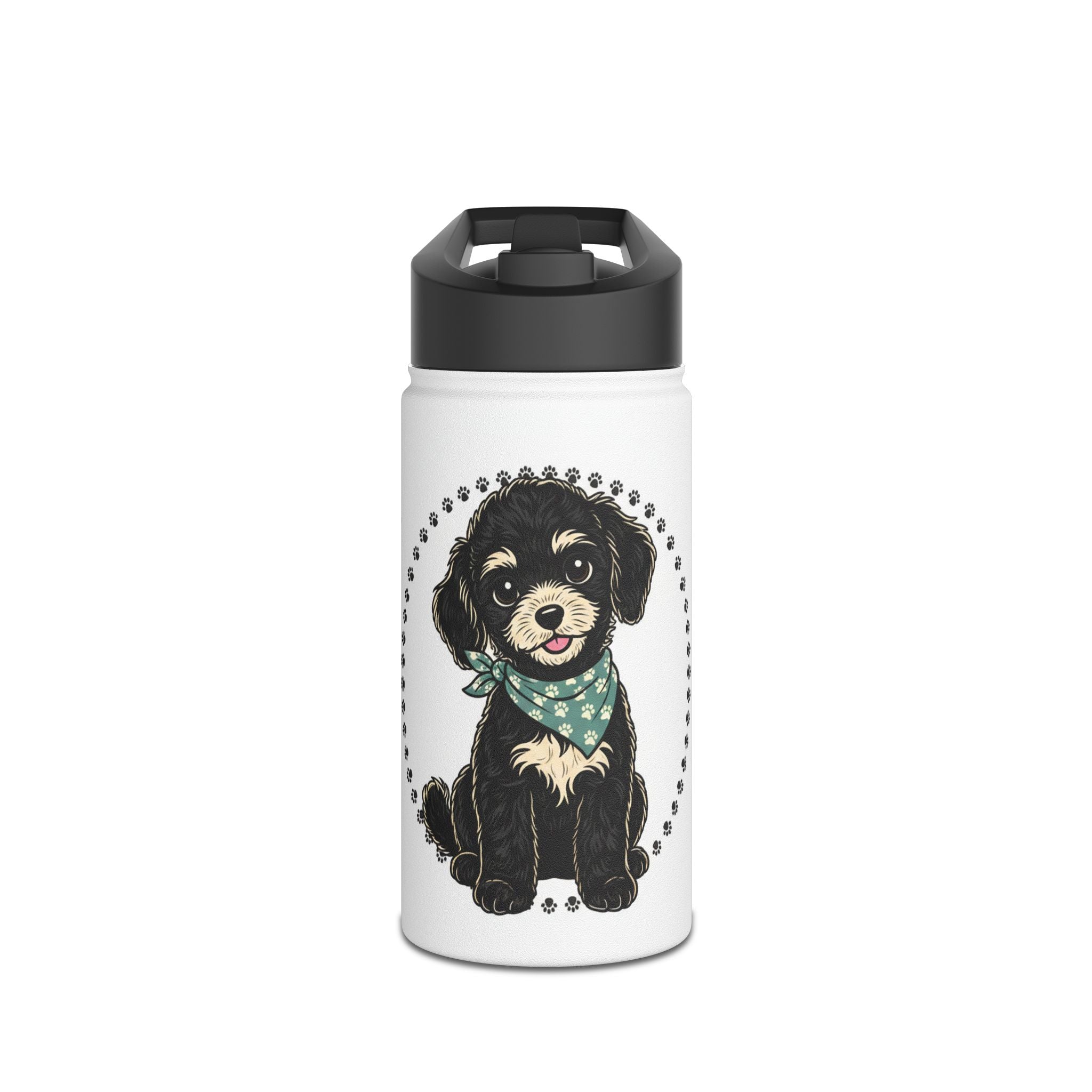 Cute Black Puppy Stainless Steel Water Bottle — Dog Paw Pattern, 'Best Friend' Gift