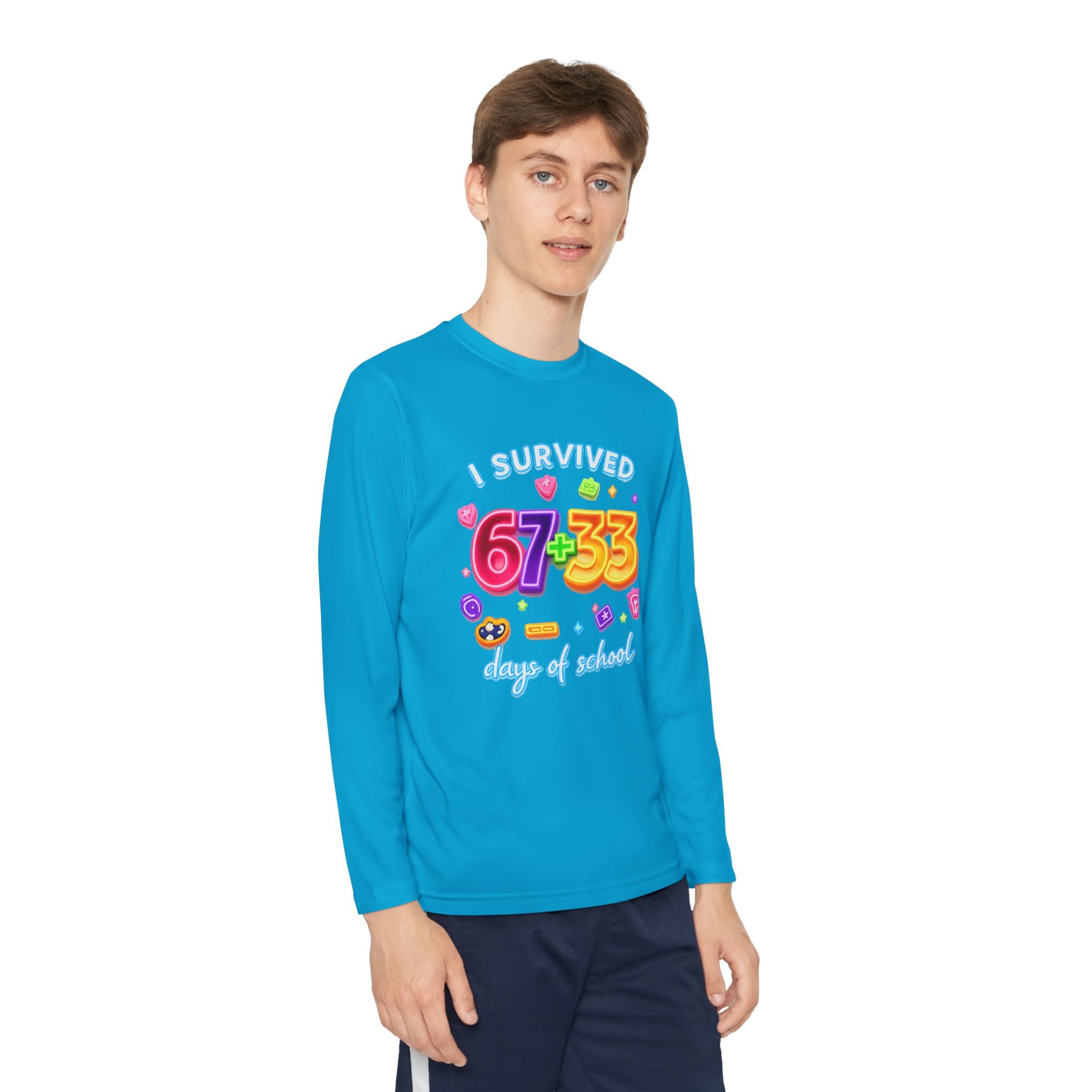 Youth Long Sleeve Tee — "I Survived 67+33 Days of School" Colorful Celebration Shirt