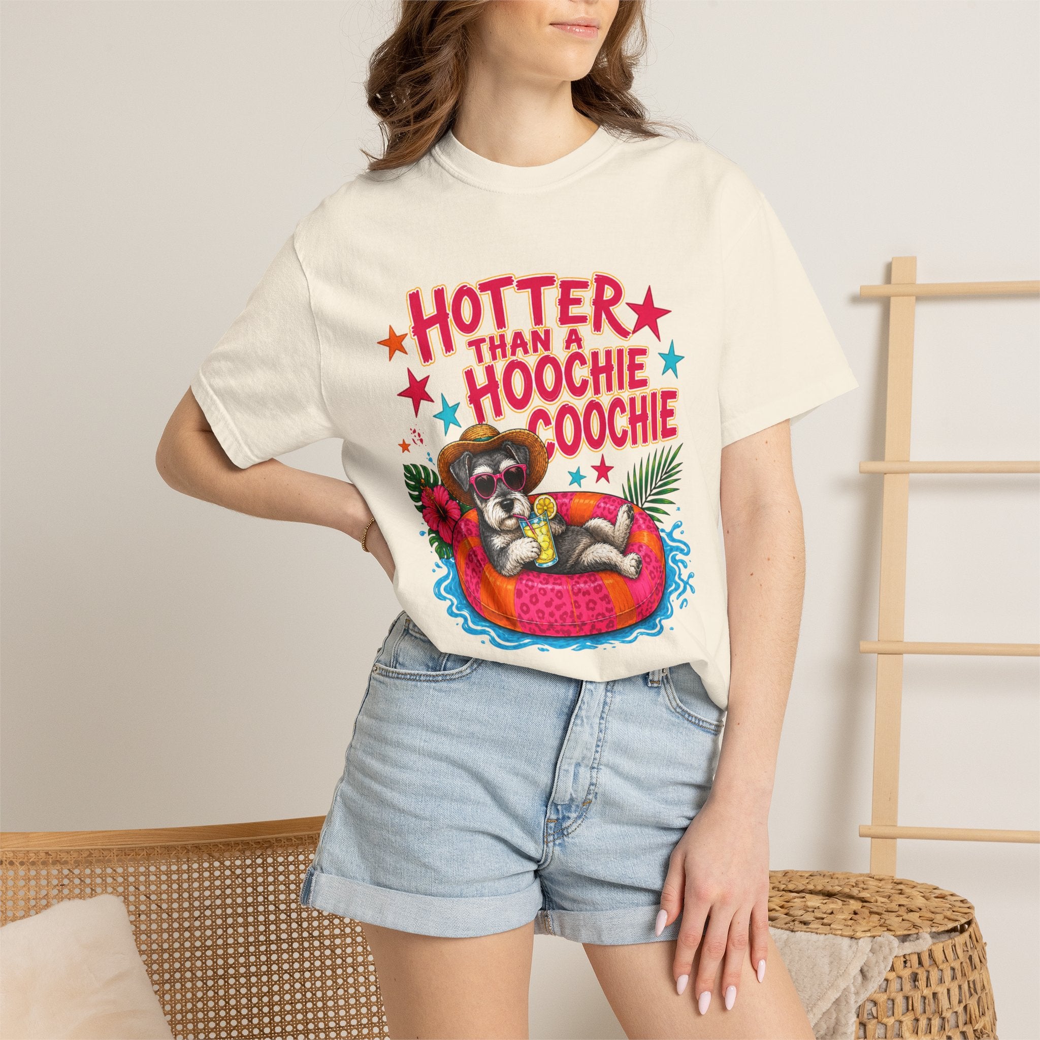Graphic T-Shirt — "Hotter Than a Hoochie Coochie" Summer Pool Cat Tee