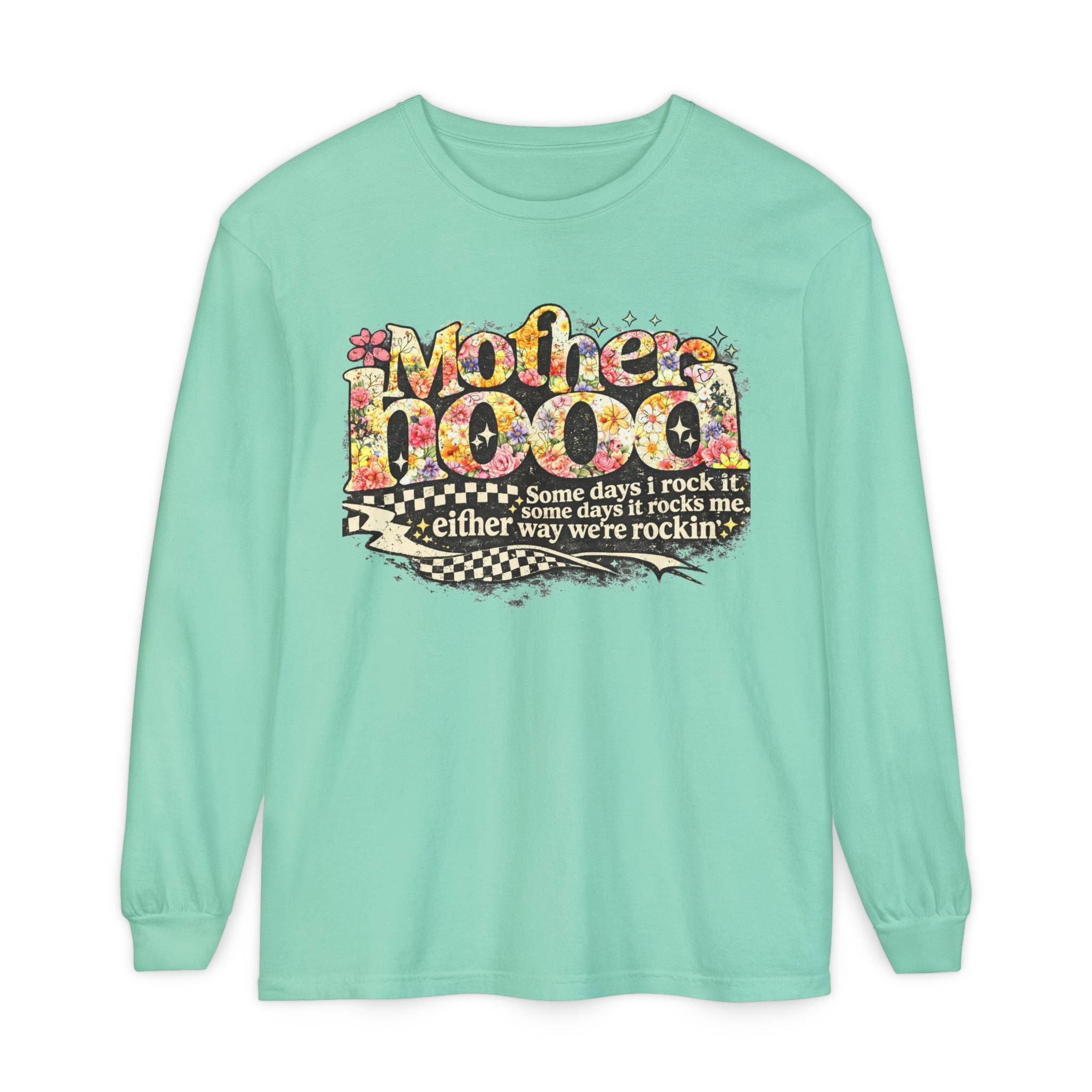 Motherhood Graphic Long Sleeve Tee — "Mother Doodle: Some days I rock it"