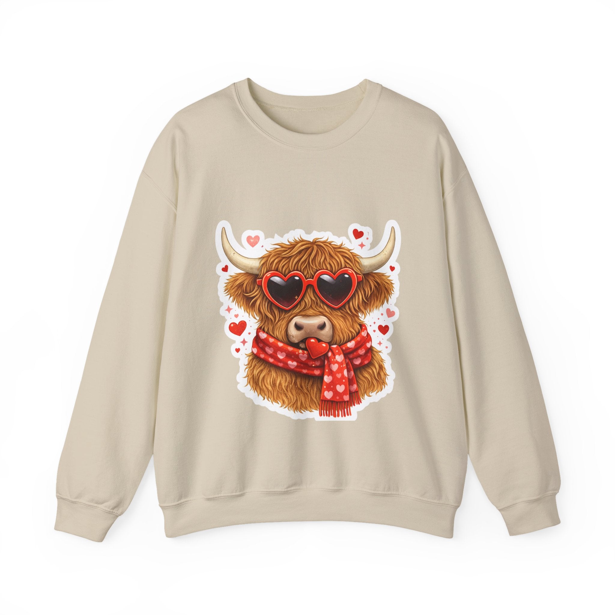 Valentine Highland Cow Sweatshirt – Cute Heart Sunglasses & Scarf Crewneck