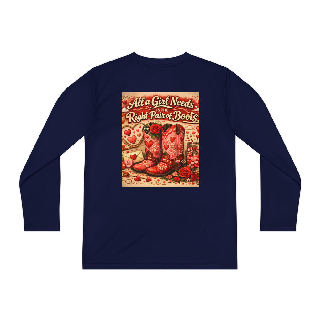 Youth Long Sleeve Tee — “All a Girl Needs is a Right Pair of Boots” Cowboy Boots Graphic
