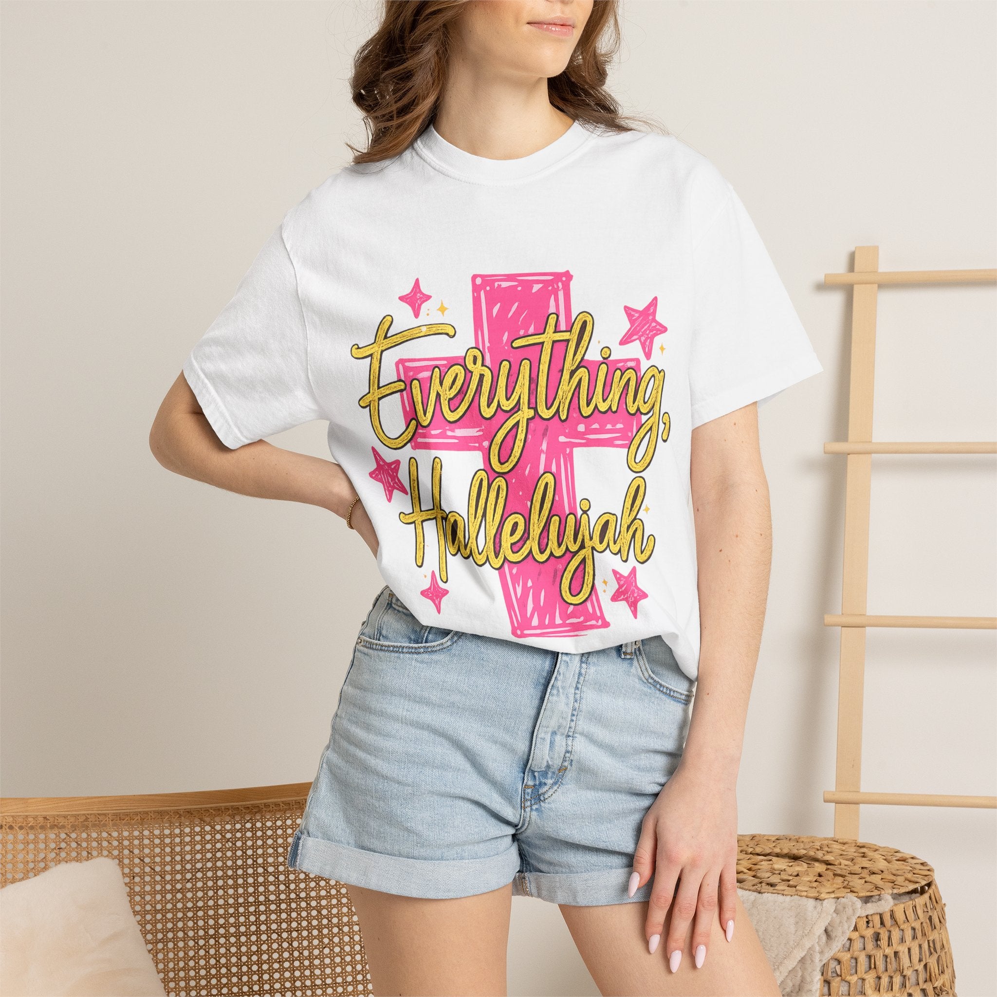 Everything, Hallelujah T-Shirt — Bright Pink Cross & Script Christian Tee