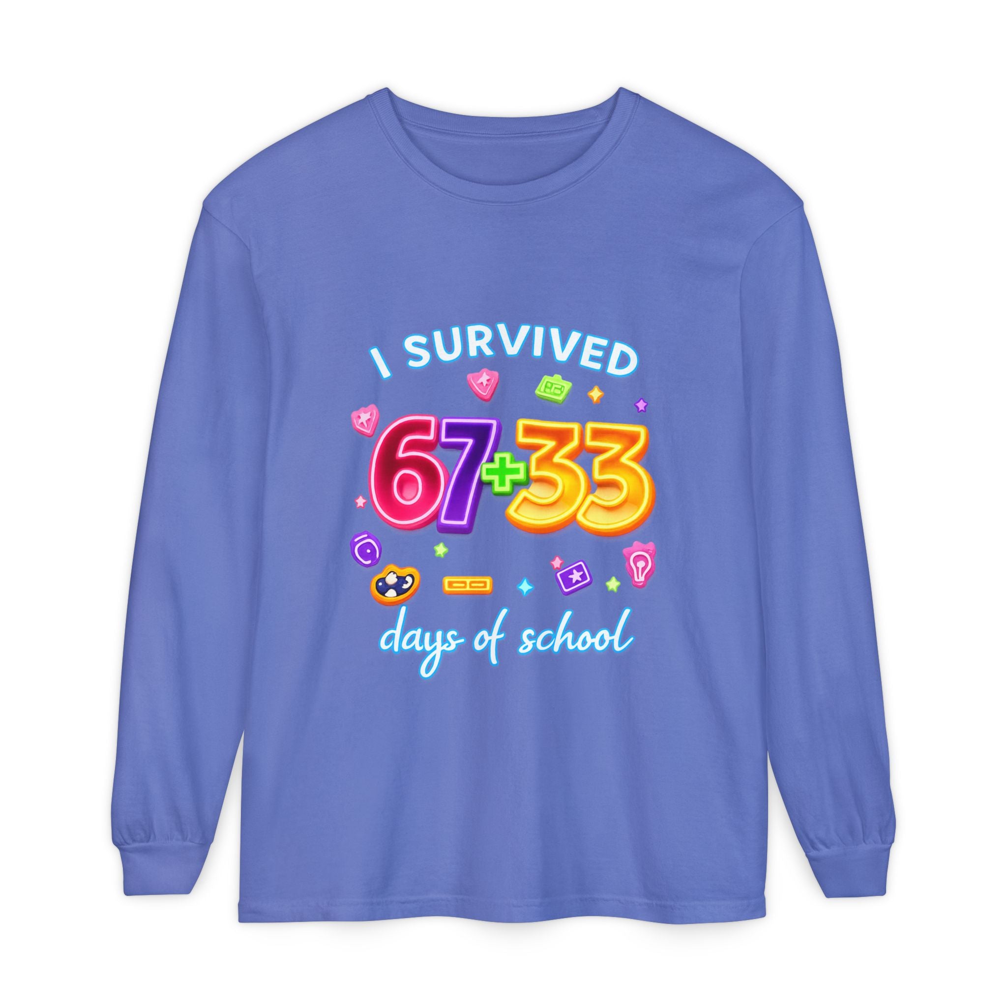 Long Sleeve T‑Shirt "I Survived 67+33 Days of School" — Cute Colorful End‑of‑School Celebration Tee