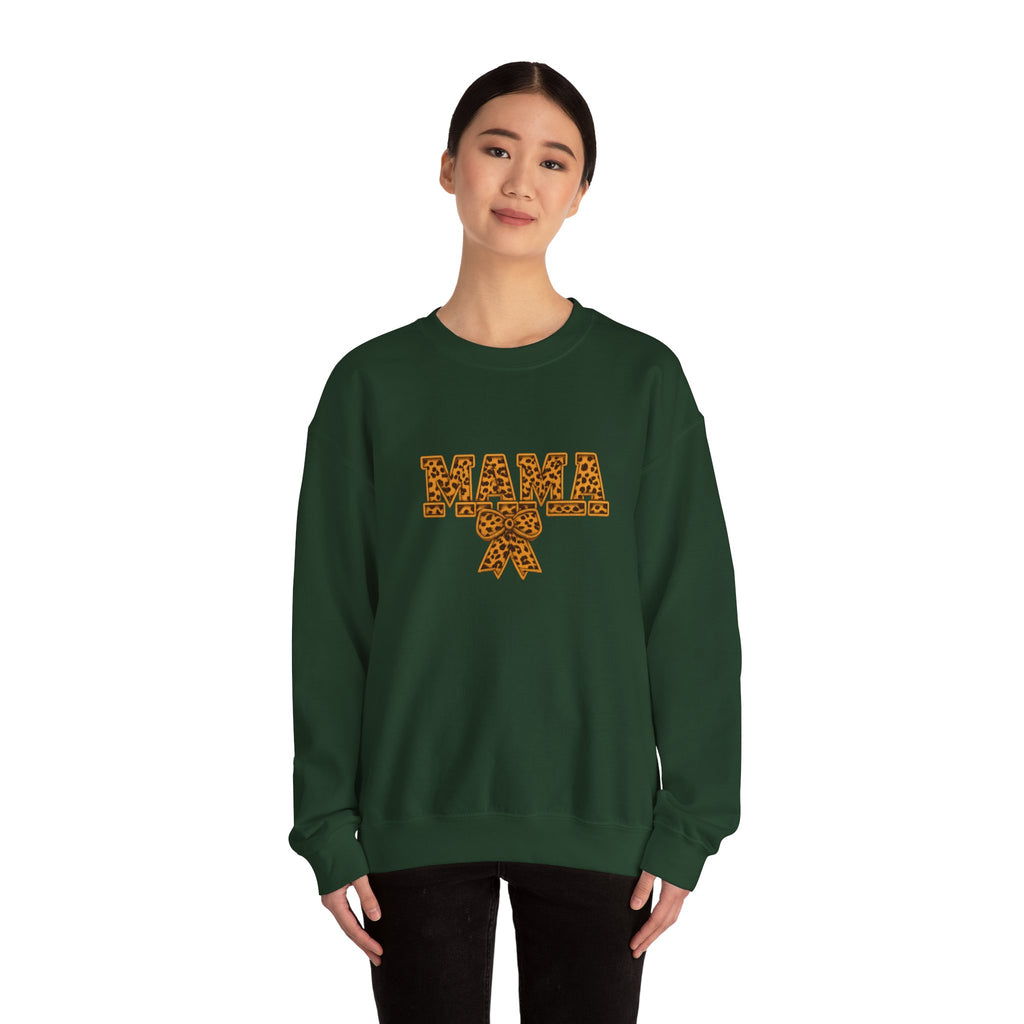 Mama Leopard Print Crewneck Sweatshirt — Floral Bow "MAMA" Graphic