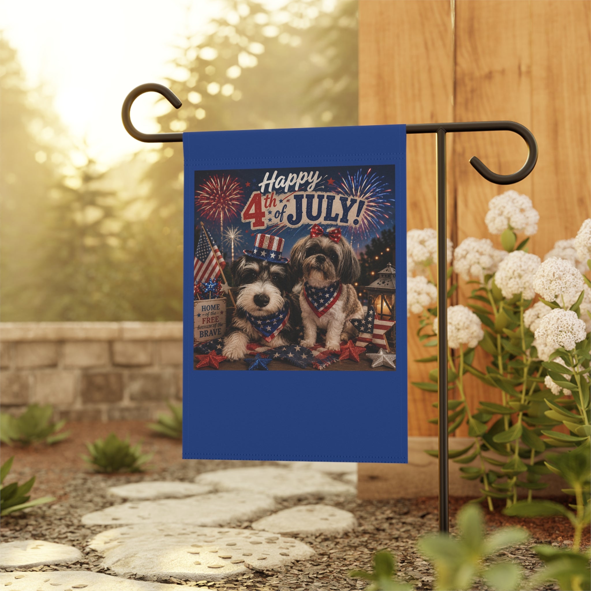 4th of July Patriotic Garden Flag - Happy 4th with Dogs