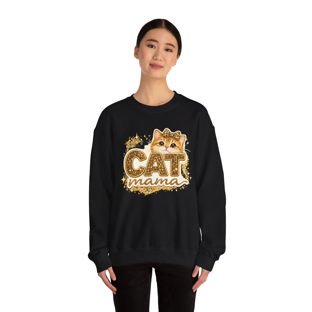 Cat Mama Crewneck Sweatshirt – Cute Gold Glitter Cat Graphic