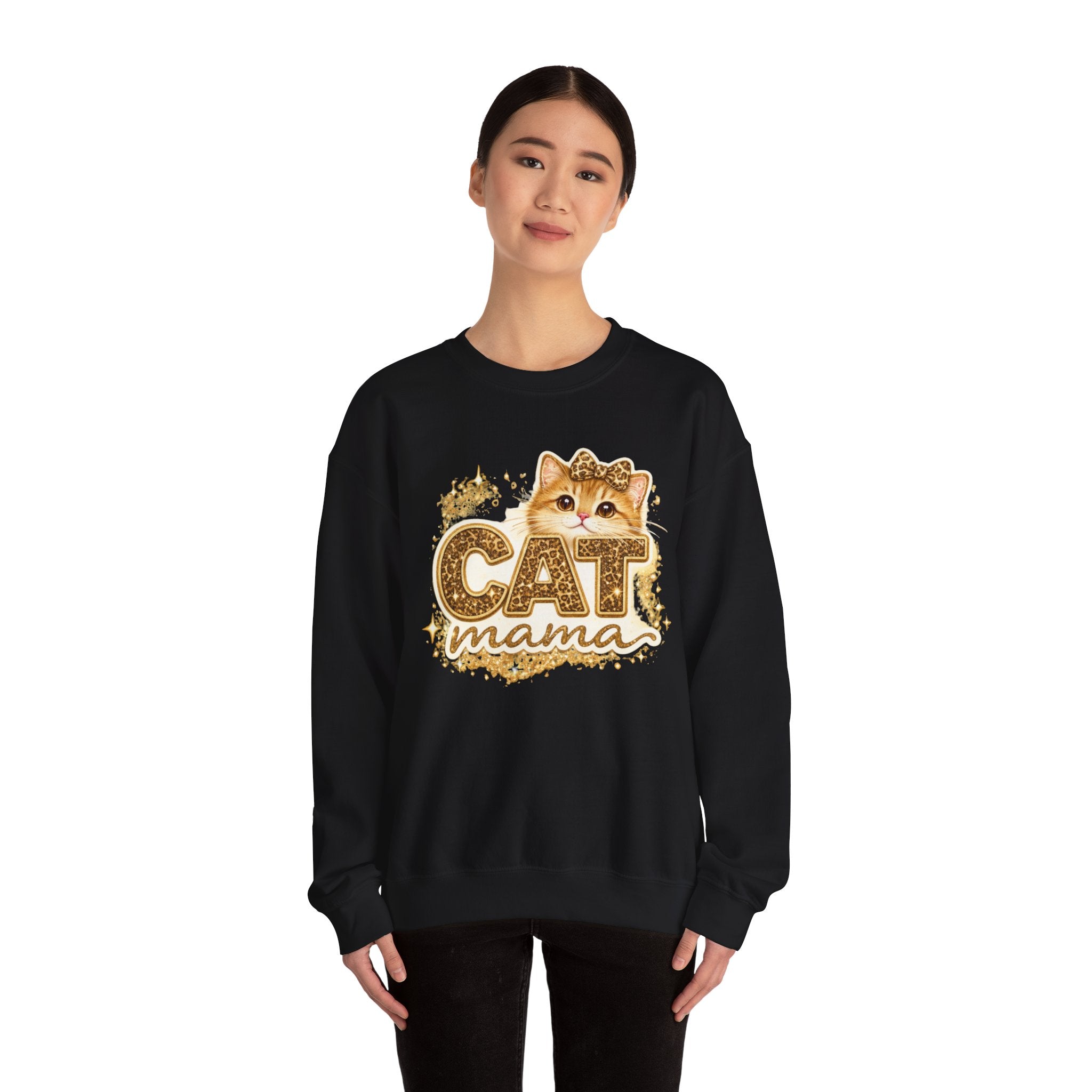 Cat Mama Crewneck Sweatshirt – Cute Gold Glitter Cat Graphic