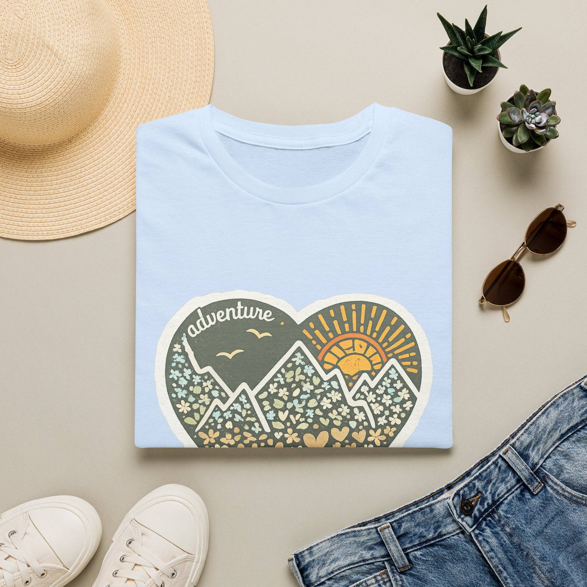 Adventure Heart Mountain T‑Shirt — Sunrise Nature Graphic Tee for Hikers & Outdoor Lovers