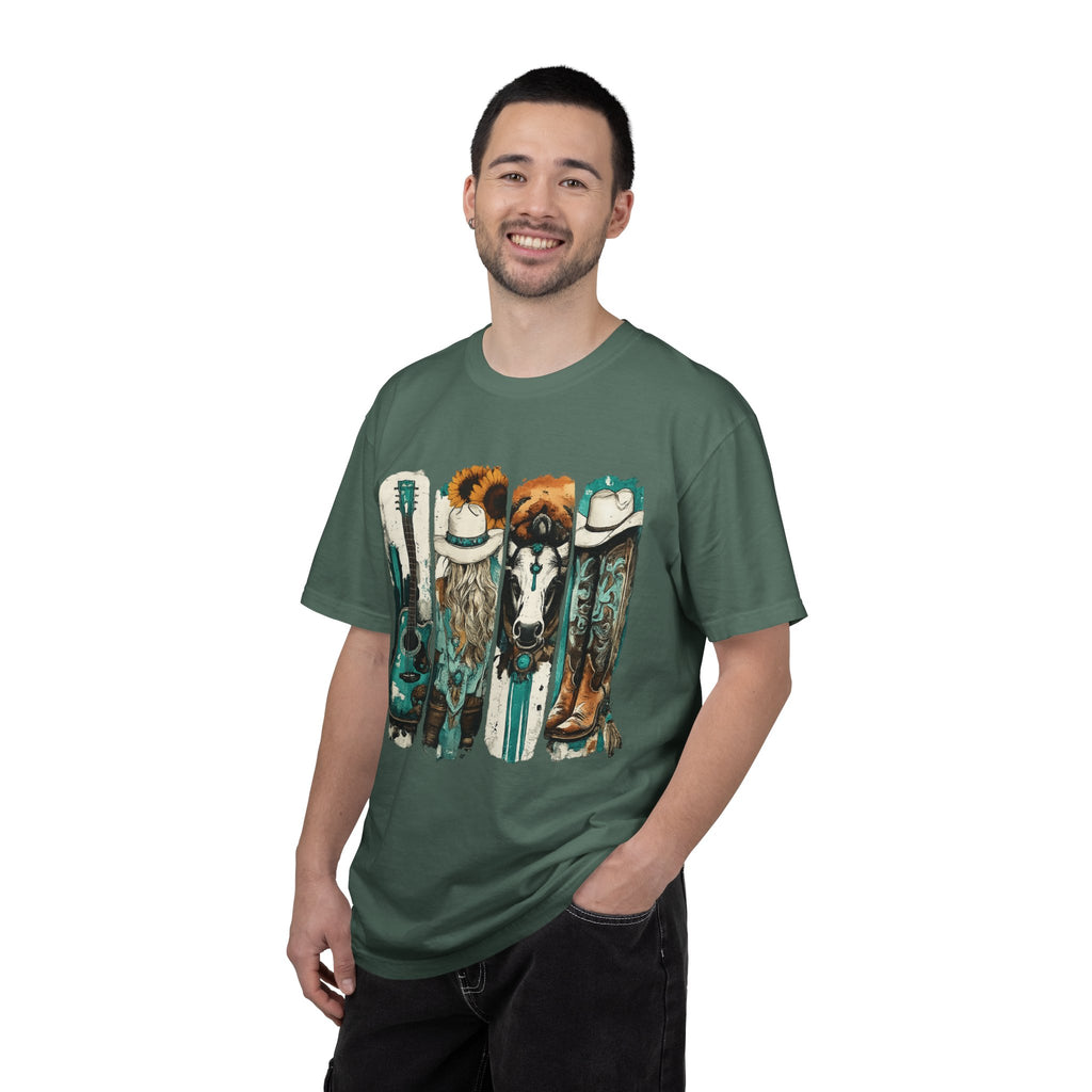 Western Music Icons T-Shirt — Rustic Guitar, Boots & Hat Graphic Tee