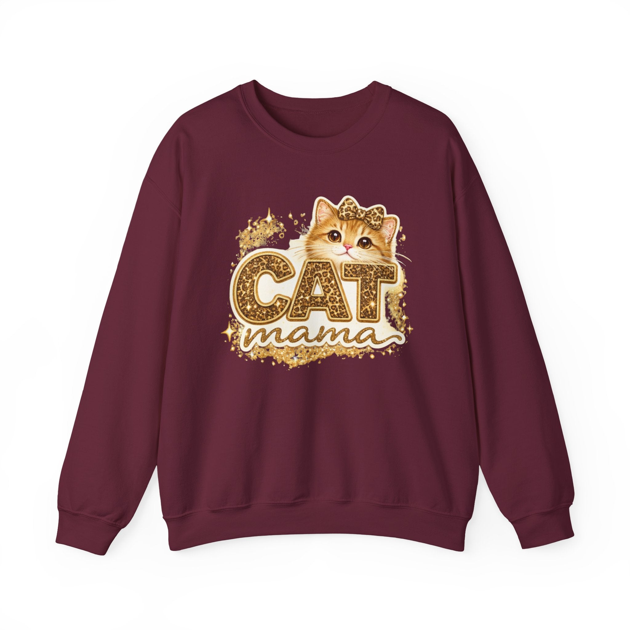 Cat Mama Crewneck Sweatshirt – Cute Gold Glitter Cat Graphic