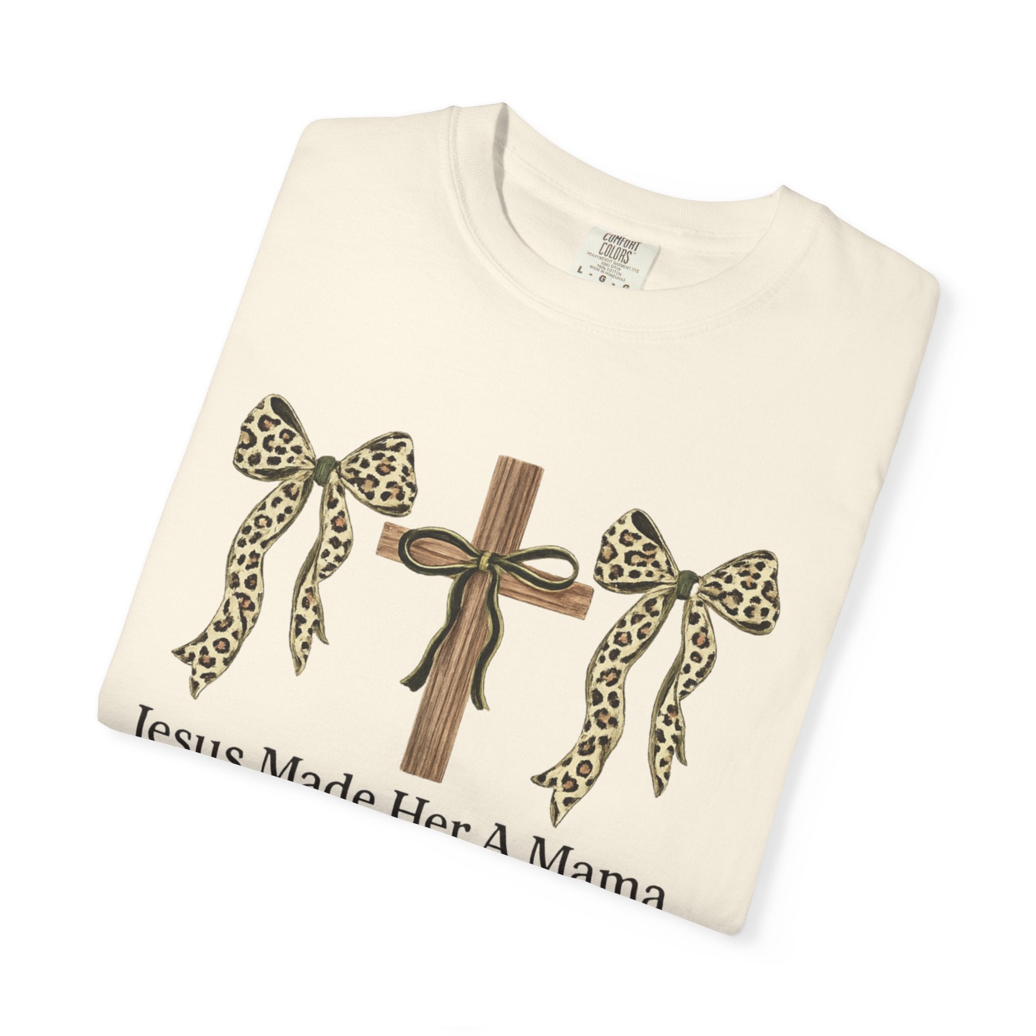 Jesus Made Her a Mama Cross T‑Shirt — Leopard Bow Christian Mother's Day Tee