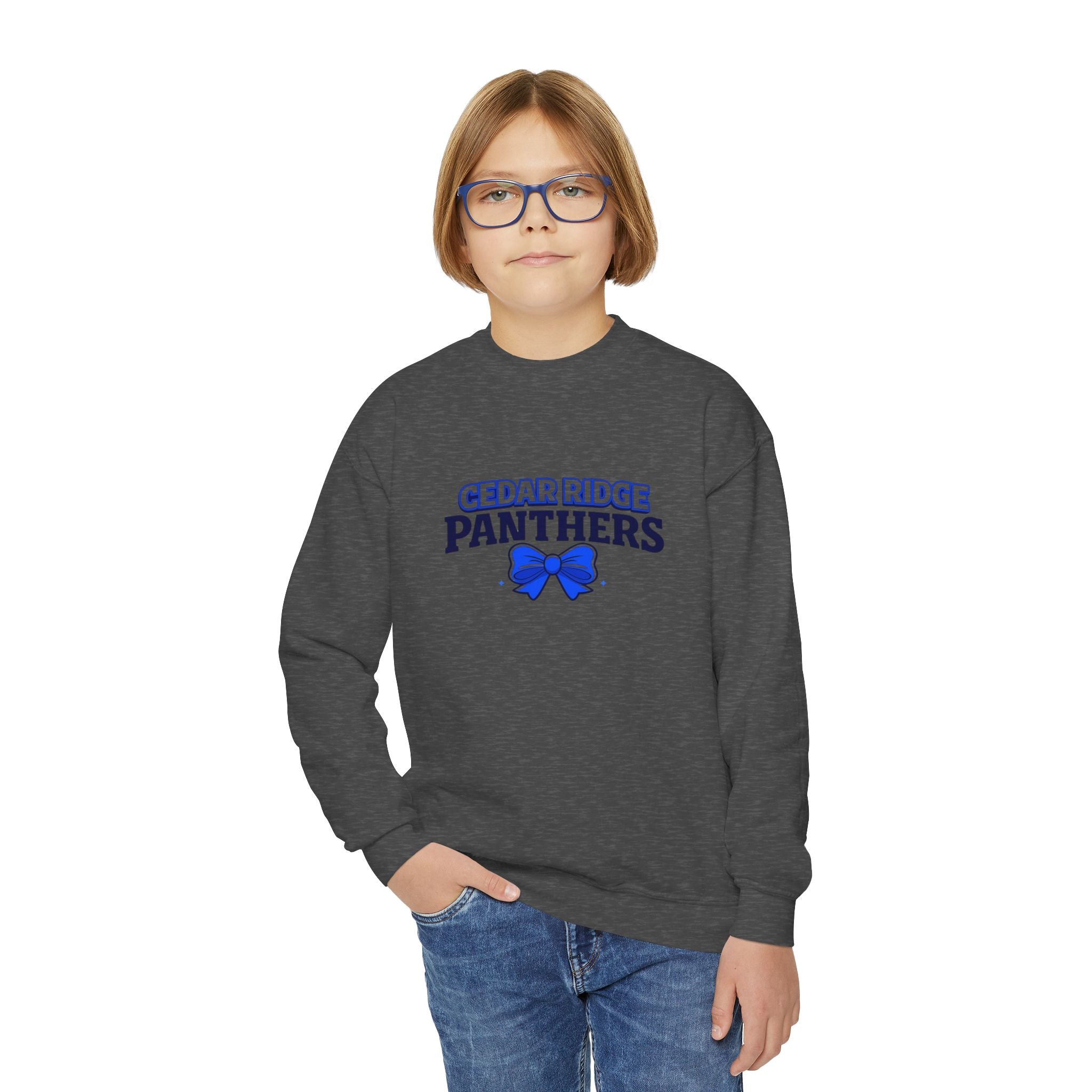 Cedar Ridge Panthers Youth Crewneck Sweatshirt — Blue Cheer Bow School Spirit