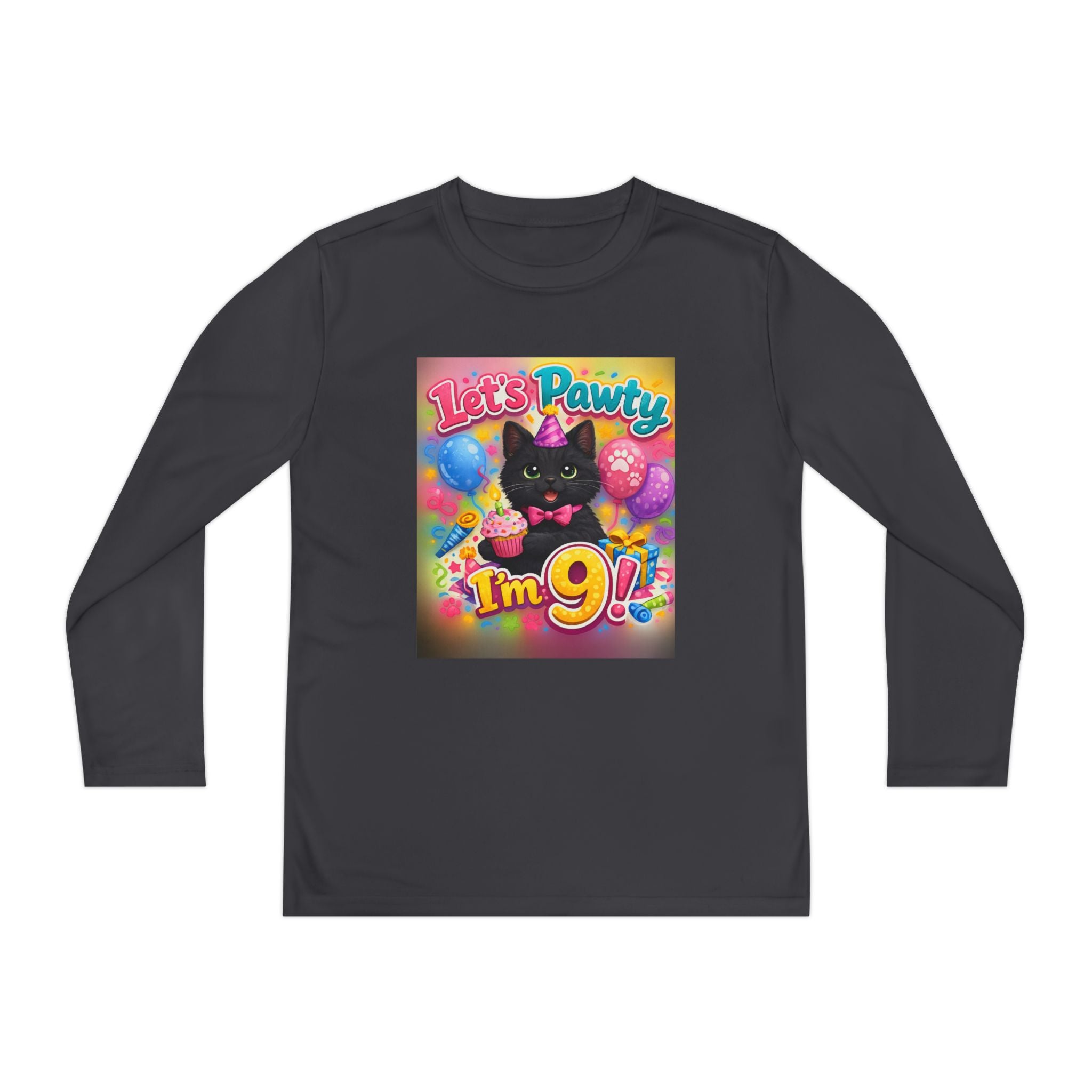 Kids' 9th Birthday Long Sleeve Tee — "Let's Pawty I'm 9!" Cat Birthday Shirt