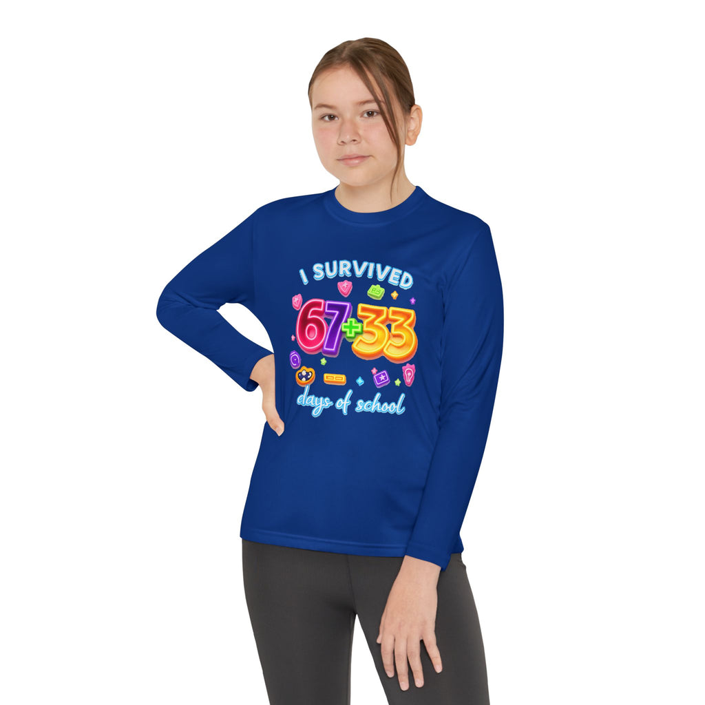 Youth Long Sleeve Tee — "I Survived 67+33 Days of School" Colorful Celebration Shirt