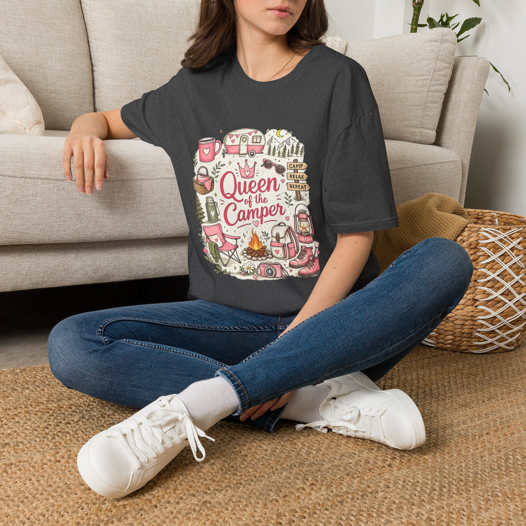 Queen of the Camper T-Shirt — Cute Pink Camping RV Graphic Tee for Women