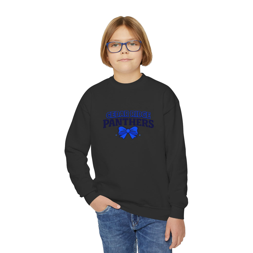 Cedar Ridge Panthers Youth Crewneck Sweatshirt — Blue Cheer Bow School Spirit