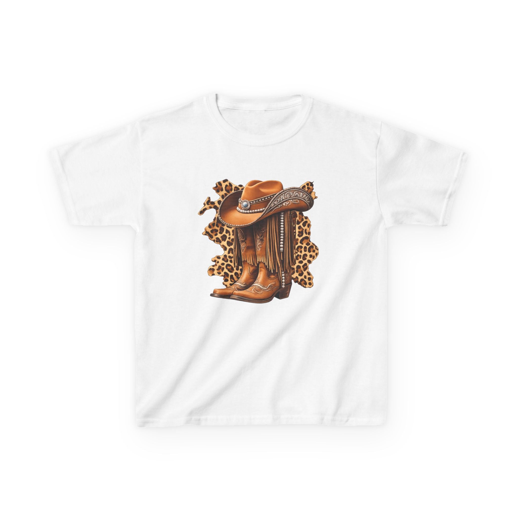 Kids Cowboy Hat & Boots Tee — Leopard Print Western Kids T-Shirt