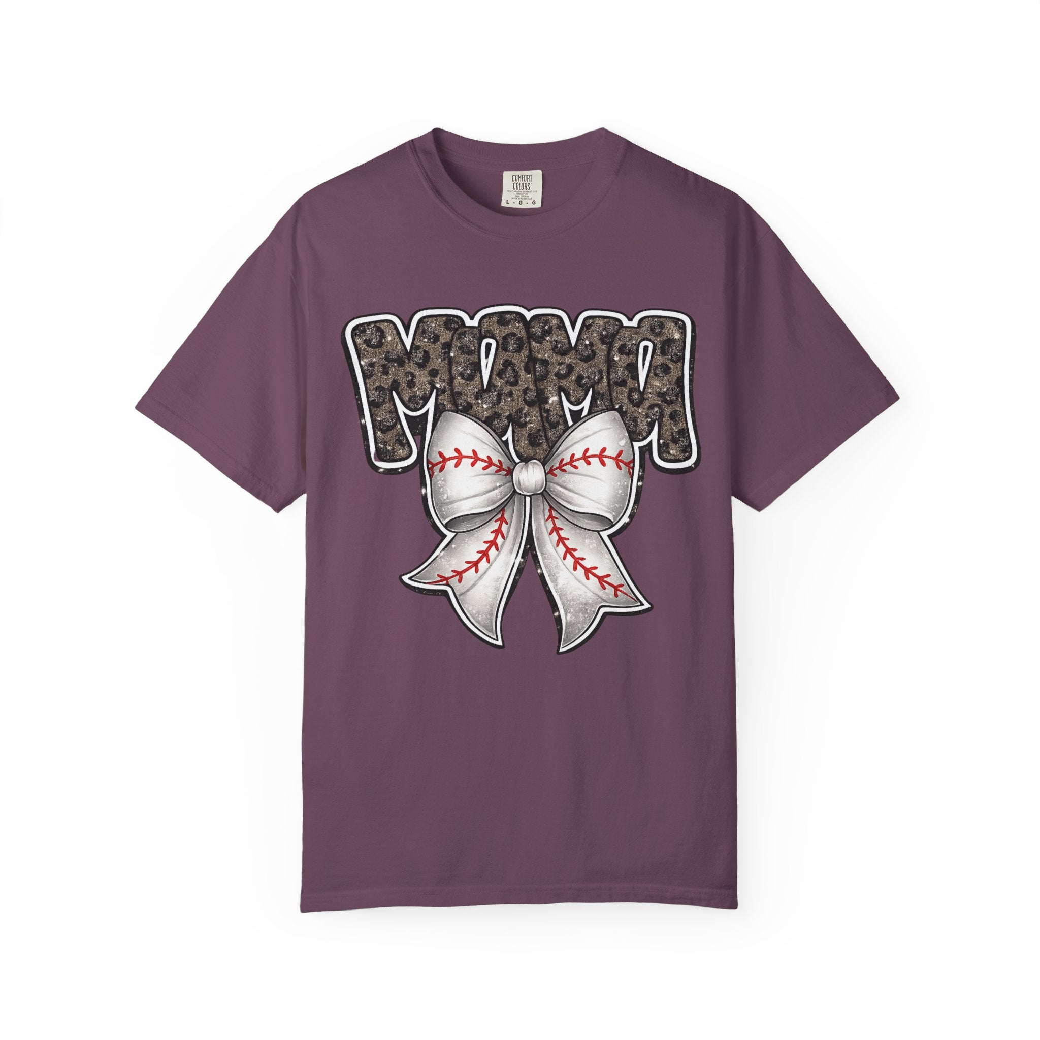 Baseball Mom T-Shirt — Camo Lettering with Baseball Bow