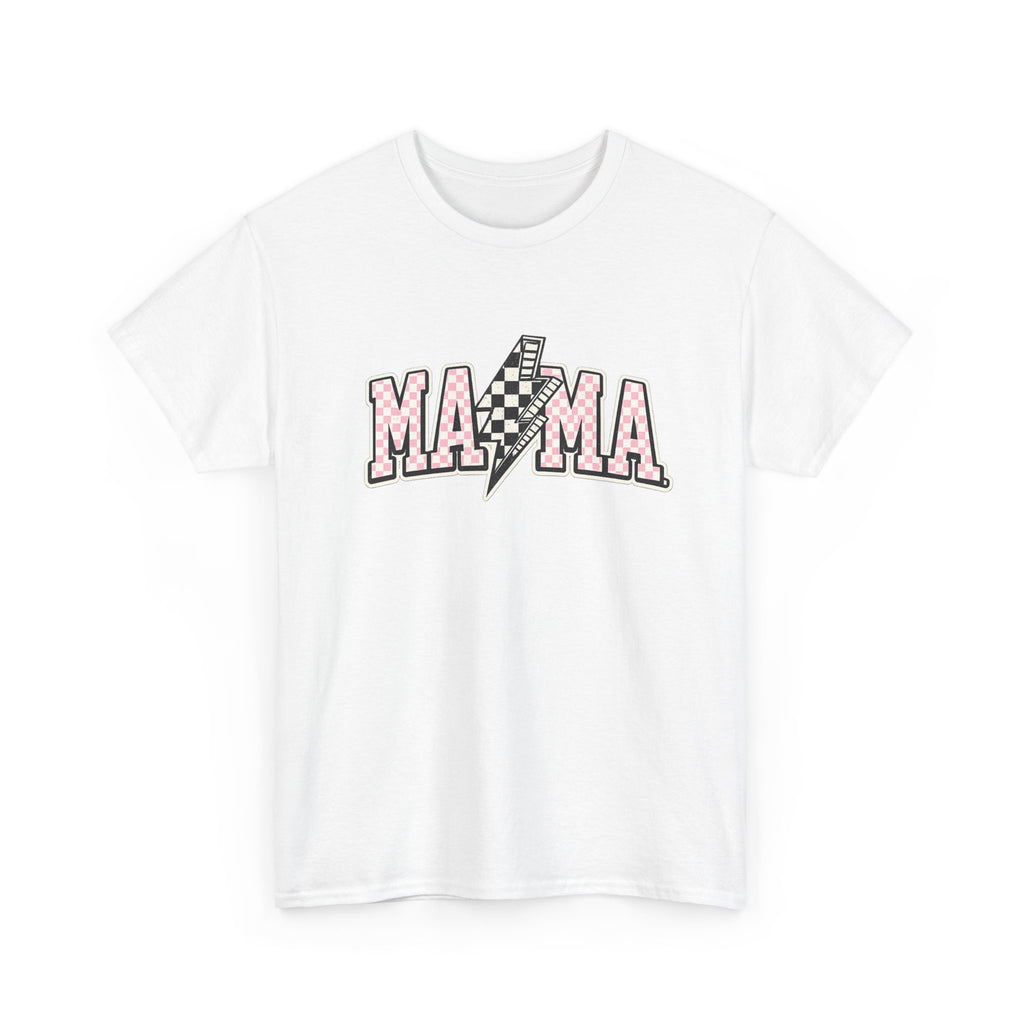 Mama Lightning Bolt Graphic Tee — Pink Checkered "MAMA" Shirt