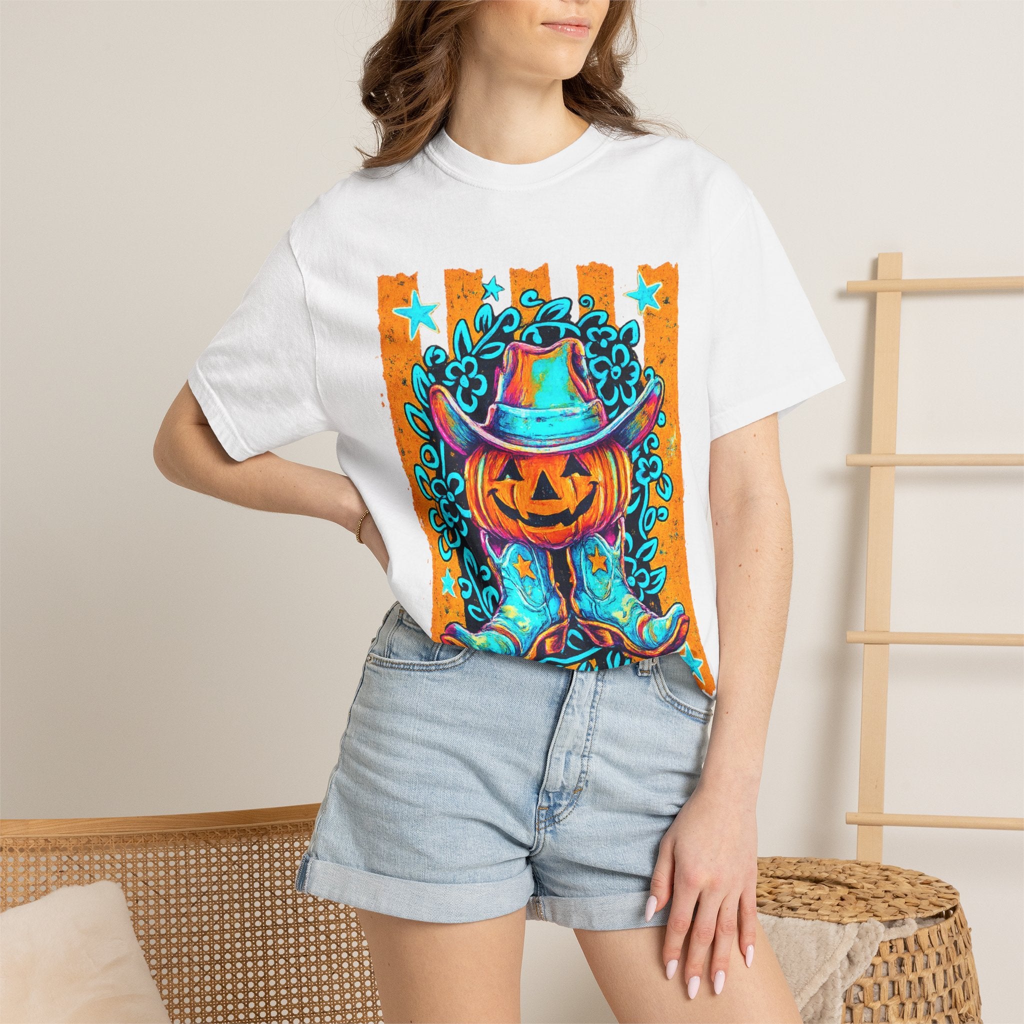 Halloween Pumpkin Cowboy T-Shirt — Neon Country Jack-O'-Lantern Graphic Tee