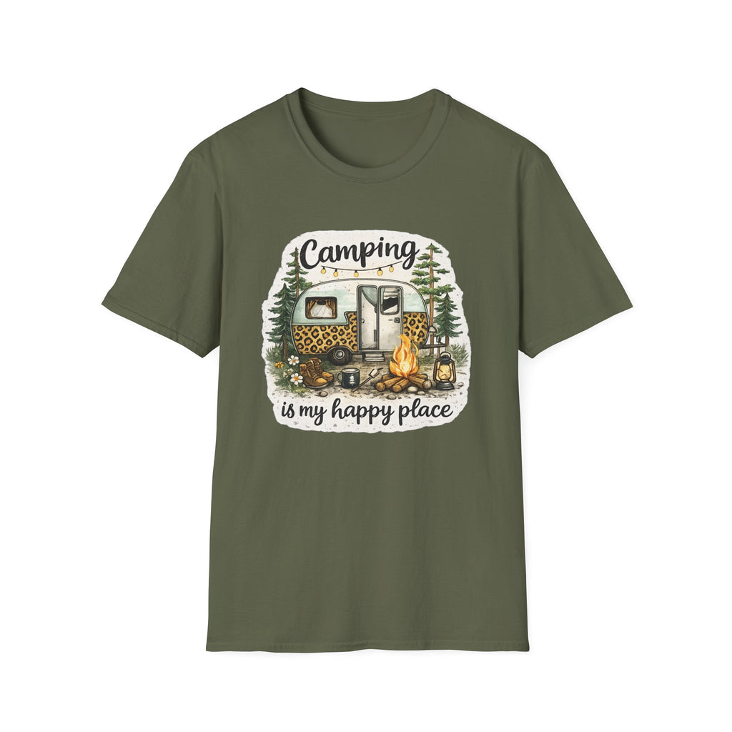 Camping Is My Happy Place T‑Shirt — Leopard Camper Graphic Tee