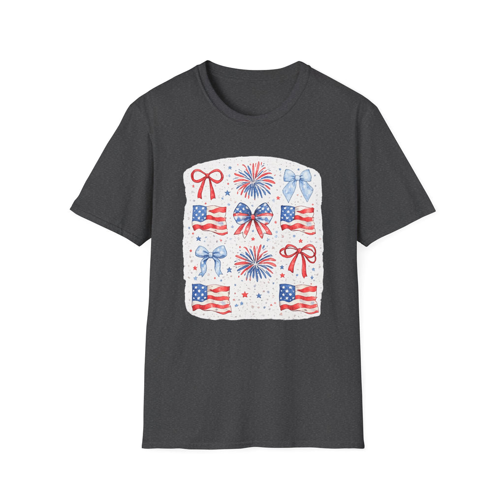 Patriotic 4th of July T-Shirt — USA Flag Bows & Fireworks Design