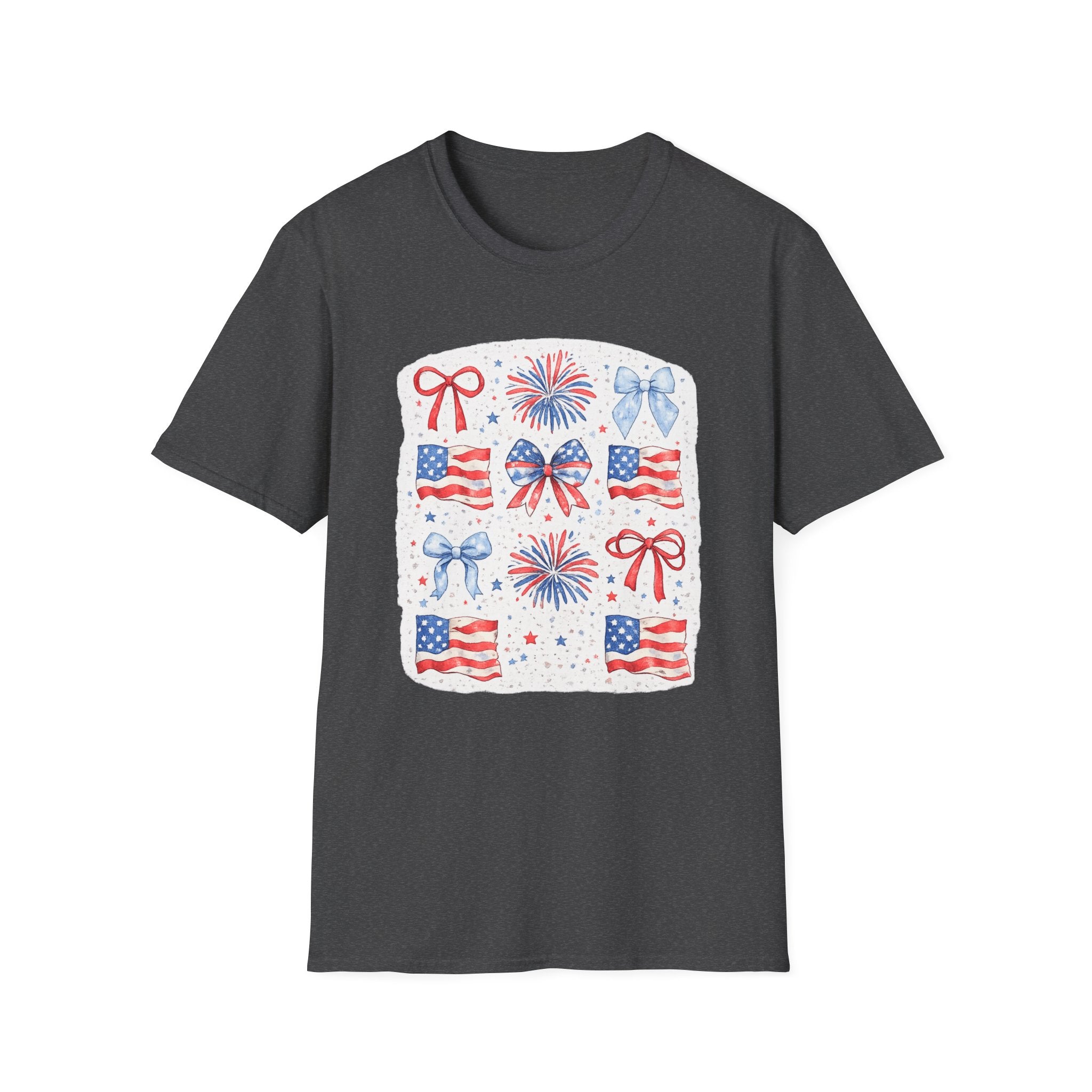 Patriotic 4th of July T-Shirt — USA Flag Bows & Fireworks Design